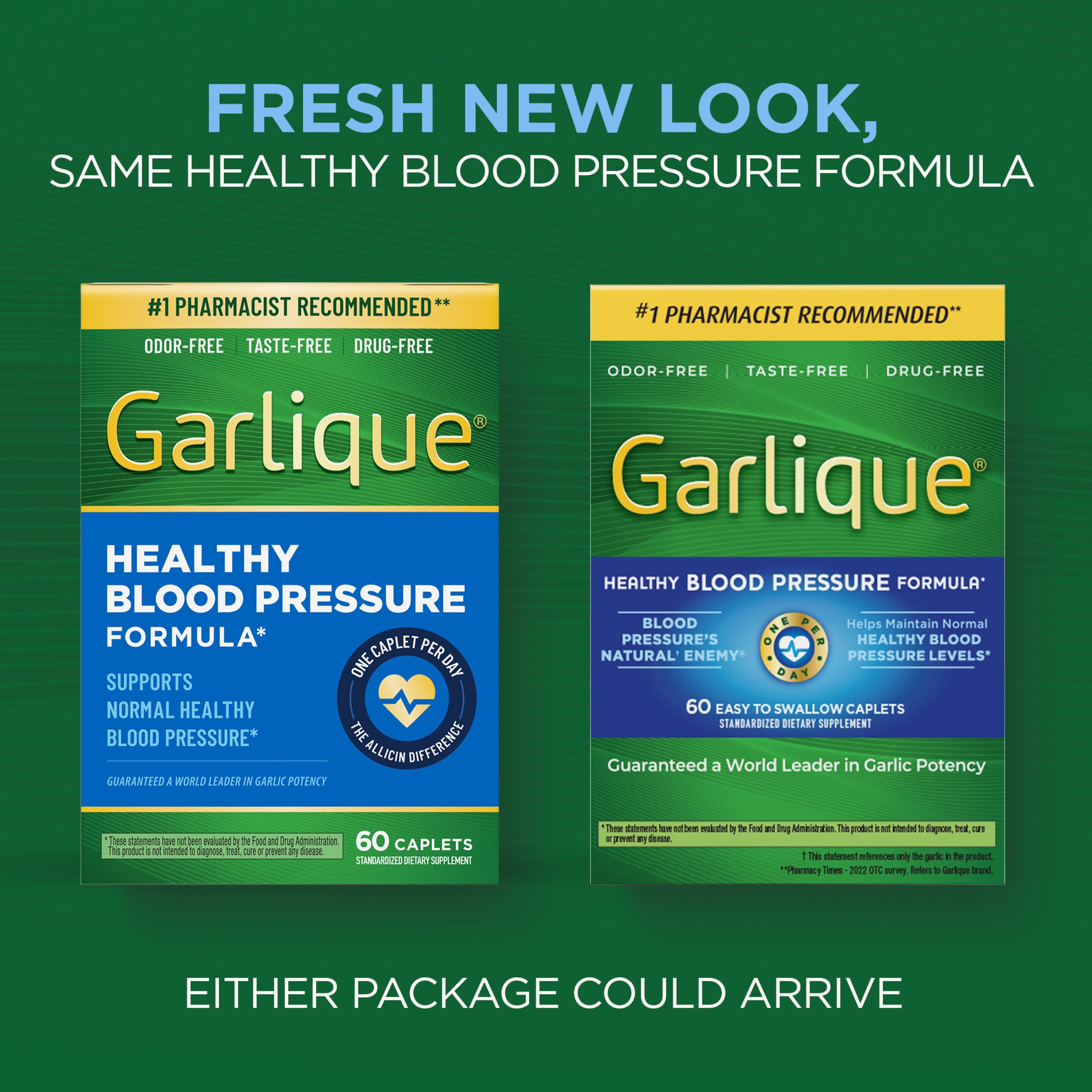 Garlique Garlic Extract Supplement, Healthy Blood Pressure Formula, Odorless & Vegan, 60 Caplets