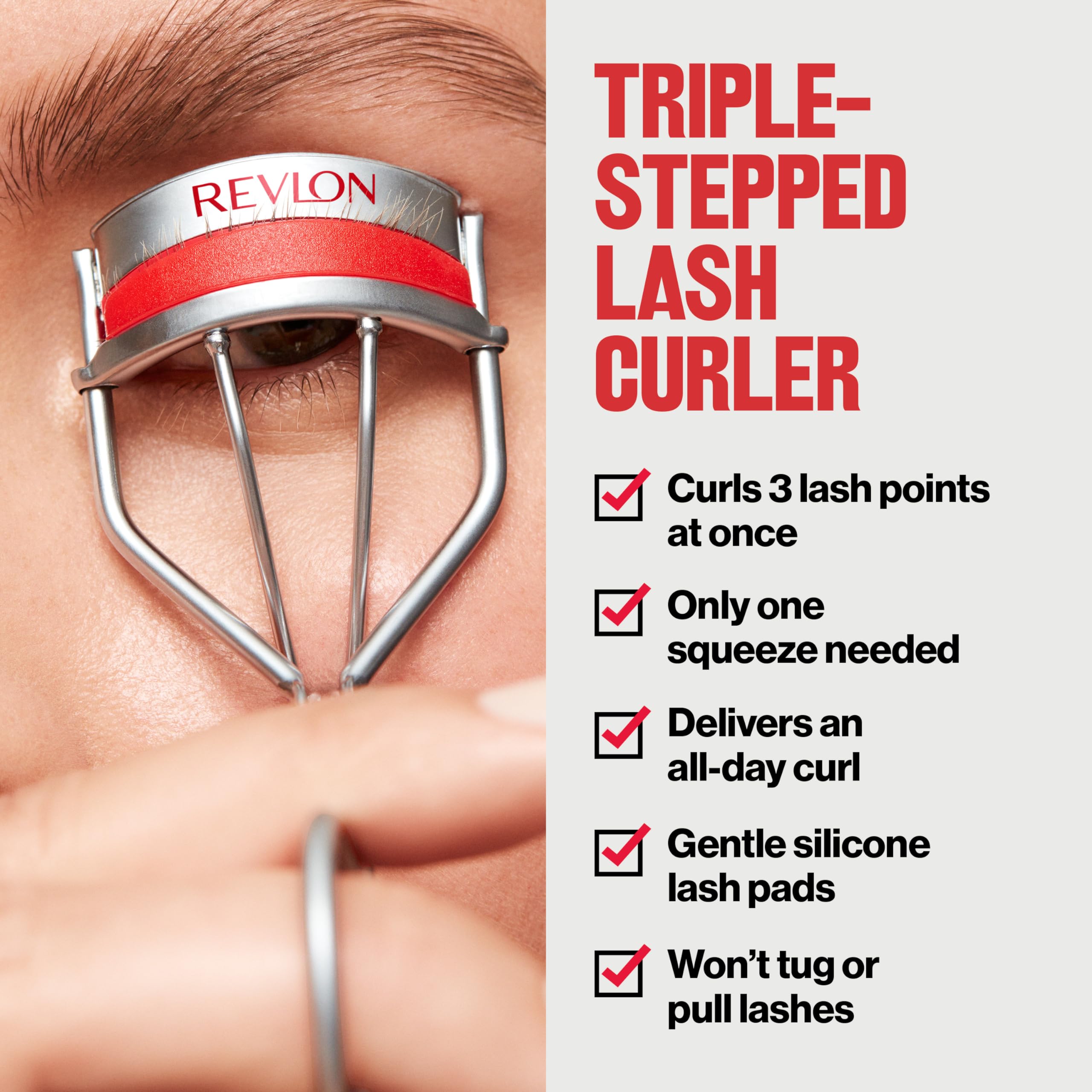 Buy now Revlon Triple-Stepped Lash Curler, Eyelash Lift For a Super-Curled Look in One Squeeze, 3-Tiered Pads for Gentle, Tug-Free Curling, 1 Count at indiglob india