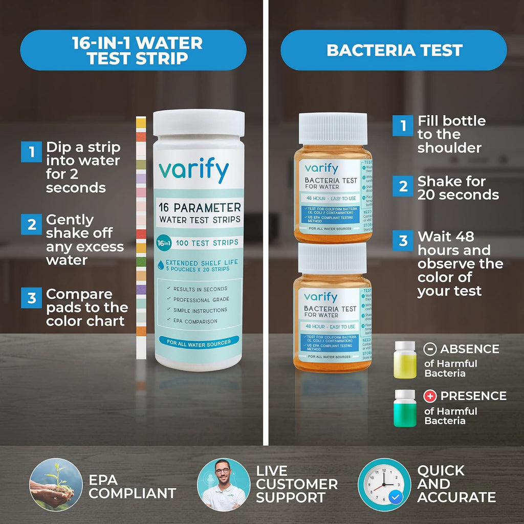 Buy now Varify 17in1 Complete Drinking Water Test Kit - 100 Strips + 2 Bacteria Tester Kits - Well, Tap, Home, City Water Testing Strip for Lead, Alkaline, Chlorine, Hardness, Iron, Fluoride, Copper & More at indiglob india