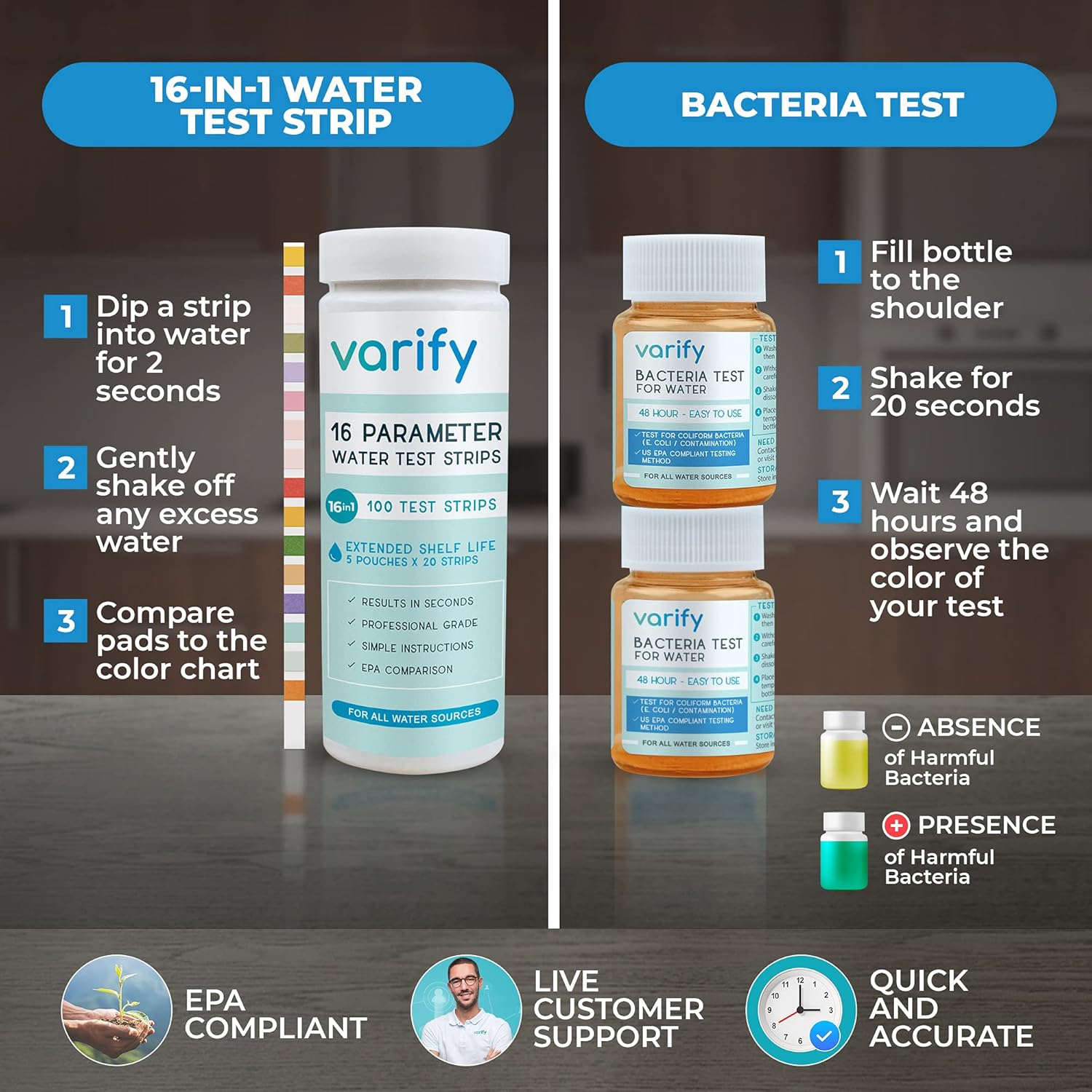 Buy now Varify 17in1 Complete Drinking Water Test Kit - 100 Strips + 2 Bacteria Tester Kits - Well, Tap, Home, City Water Testing Strip for Lead, Alkaline, Chlorine, Hardness, Iron, Fluoride, Copper & More at indiglob india