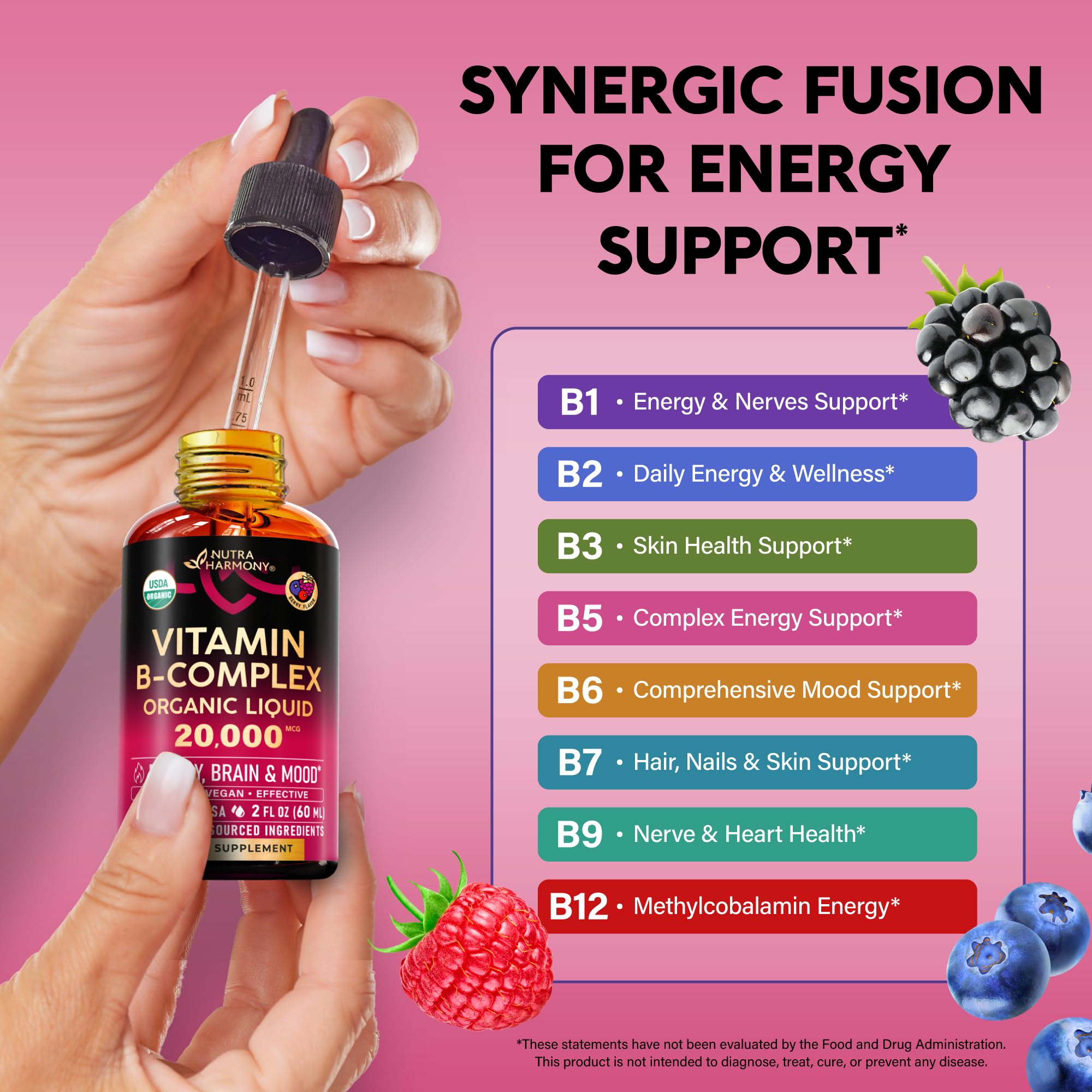 USDA Organic Vitamin B-Complex 20000mcg - B5, B12, B1, B6, B7, B9, B3 - 2Oz | B Complex Liquid Drops - Pantothenic Acid, Methylcobalamin, Thiamine, Pyridoxine, Biotin, Folic, Niacinamide - Berry Flavor