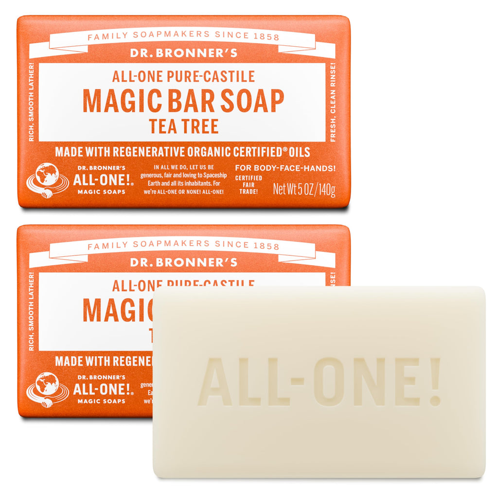 Dr. Bronner's Pure-Castile Magic Bar Soap (Tea Tree, 5 ounce, 6-Pack) - Made with Regenerative Organic Certified Oils, For Face, Body & Hair, Gentle, Vegan, Non-GMO