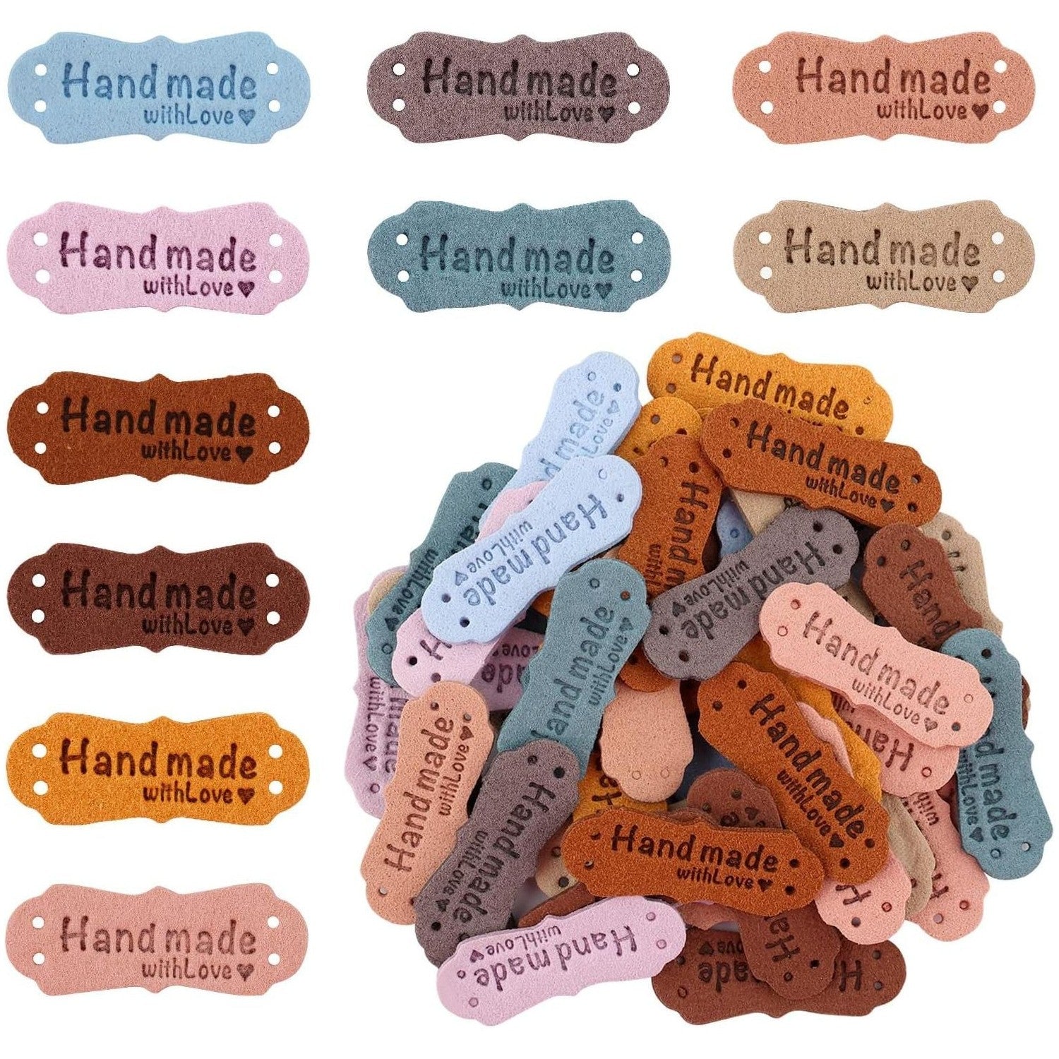 Buy now SAVITA 50pcs Handmade Leather Labels, Microfiber Colorful Leather Labels with Love Hearts Handmade Embossed Crochet Tags with Holes for Crafts Knitting Sewing Hats Purses Clothing (10 Colors) Default at indiglob india