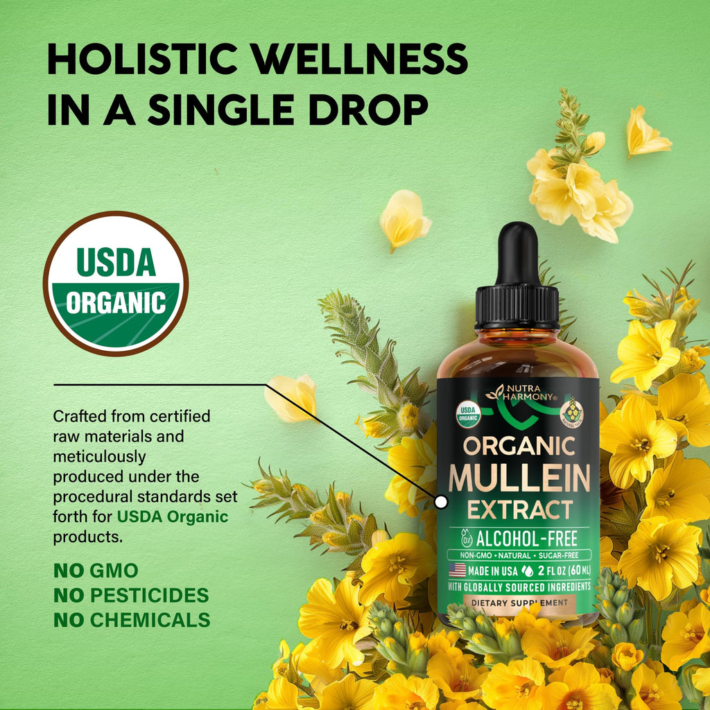 Mullein Drops for Lungs - USDA Organic Mullein Leaf Extract Liquid - 2 oz | Respiratory Health Support for Women & Men - Lung & Bronchial Cleanse for Smokers - As Tincture, Tea, Pills