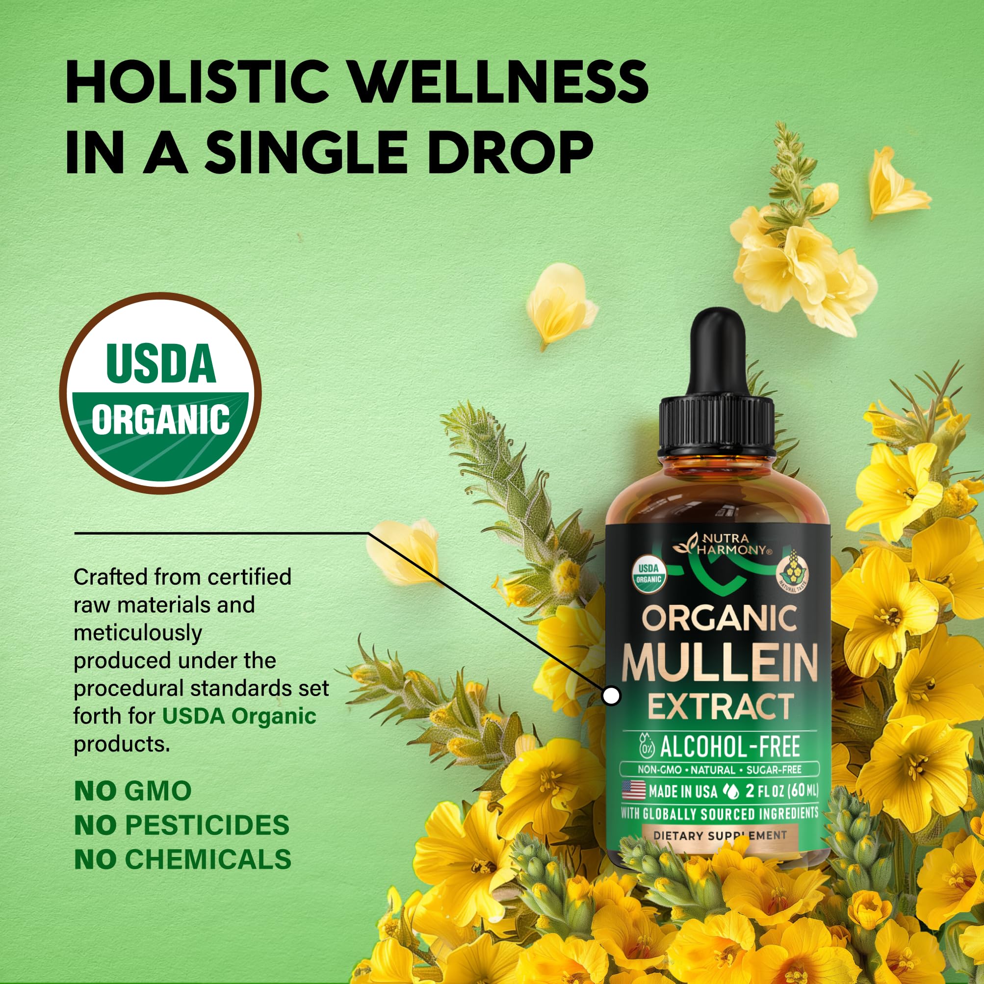 Mullein Drops for Lungs - USDA Organic Mullein Leaf Extract Liquid - 2 oz | Respiratory Health Support for Women & Men - Lung & Bronchial Cleanse for Smokers - As Tincture, Tea, Pills