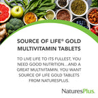 NaturesPlus Source of Life GOLD Multivitamin - 180 Tablets - Blood Support, Bone Support, Healthy Immune System - Includes Vitamins D3, B12, K2 & Over 120 Whole Food Nutrients - 60 Servings