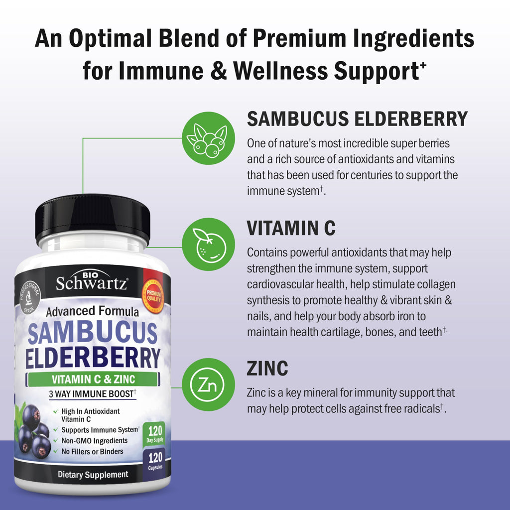 Elderberry Capsules with Zinc and Vitamin C for Adults, 120 Count | Immune Support Supplement for Women and Men, Black Sambucus Elderberry with Vitamin C and Zinc, Immune Defense Multiminerals
