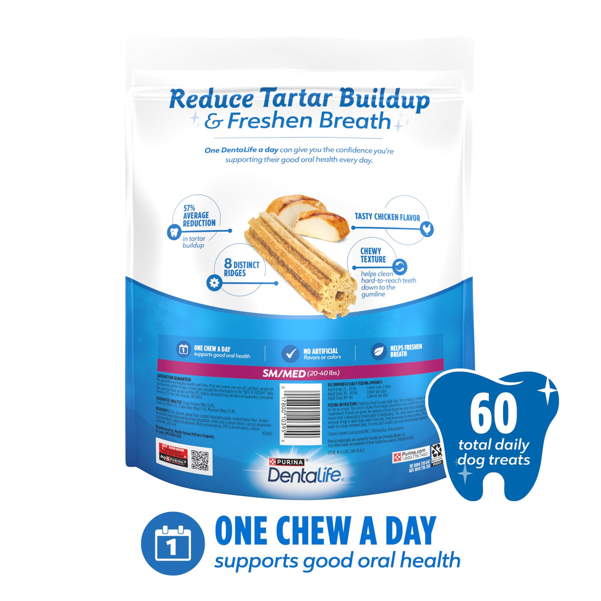 Dentalife Purina Daily Oral Care Dental Dog Treats, Small/Medium, 60 ct