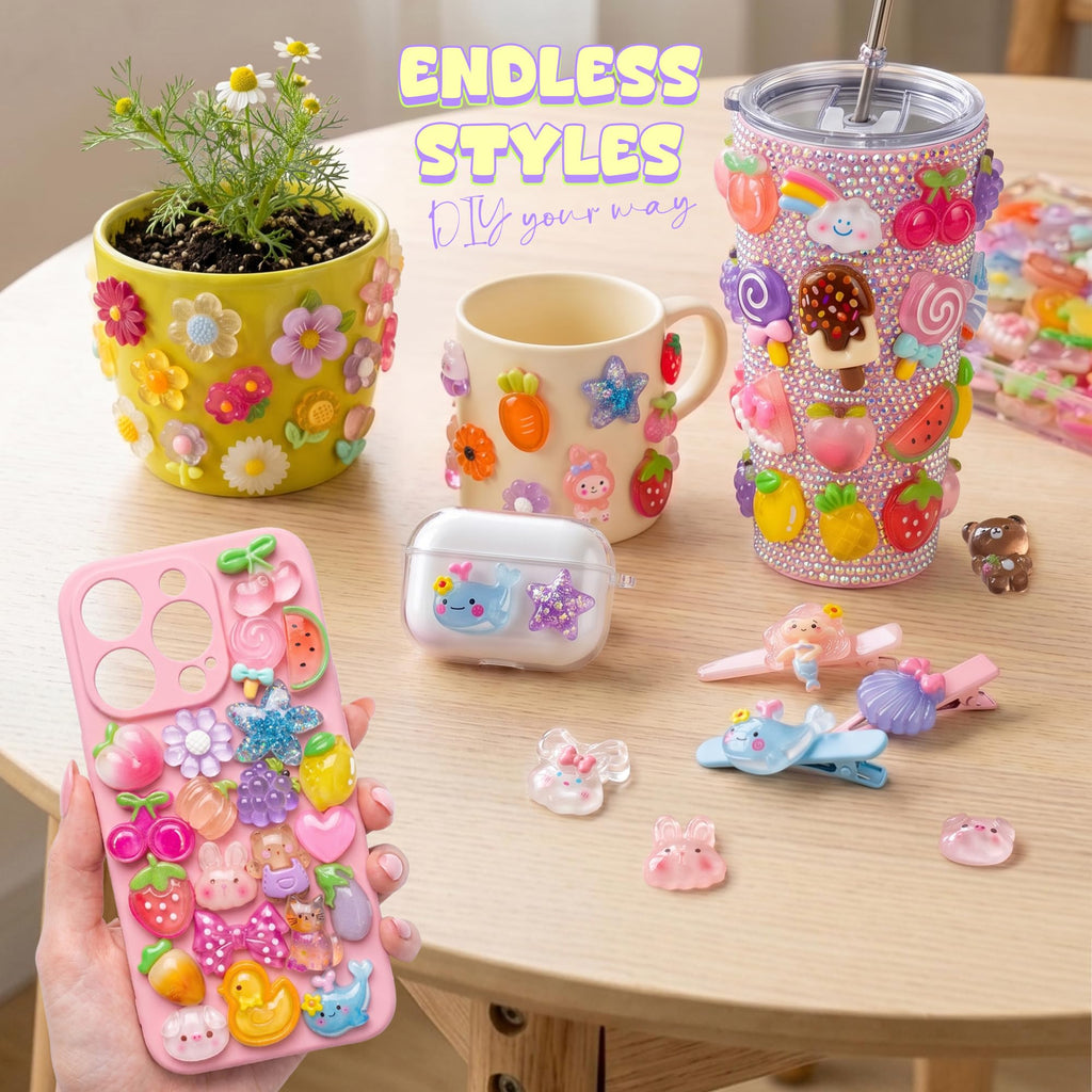 100PCS Flatback Resin Charms Kit with 2PCS Glue Cute Fruit Flower Assorted