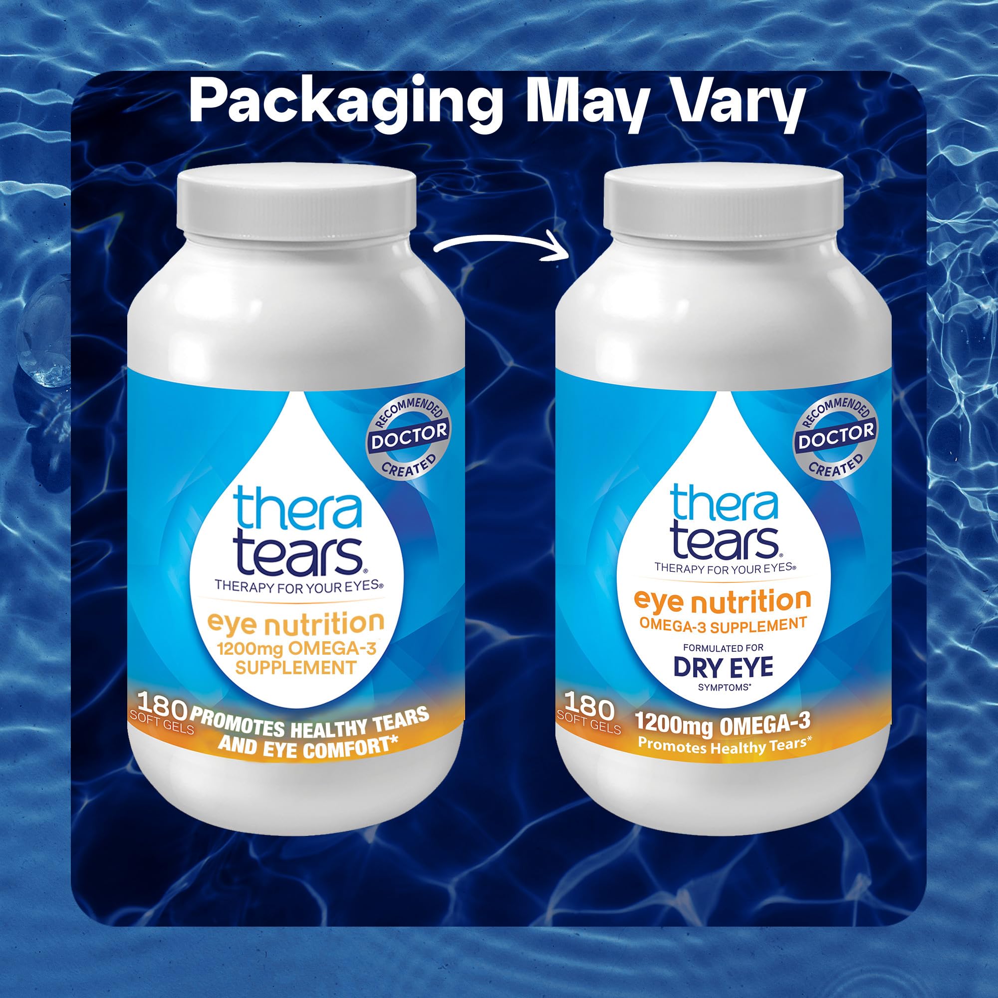 TheraTears Omega 3 Supplement for Eye Care, 180ct | 1200mg Fish Oil and Organic Flaxseed Oil with Vitamin E, Eye Nutrition, Promotes Healthy Tears & Eye Comfort