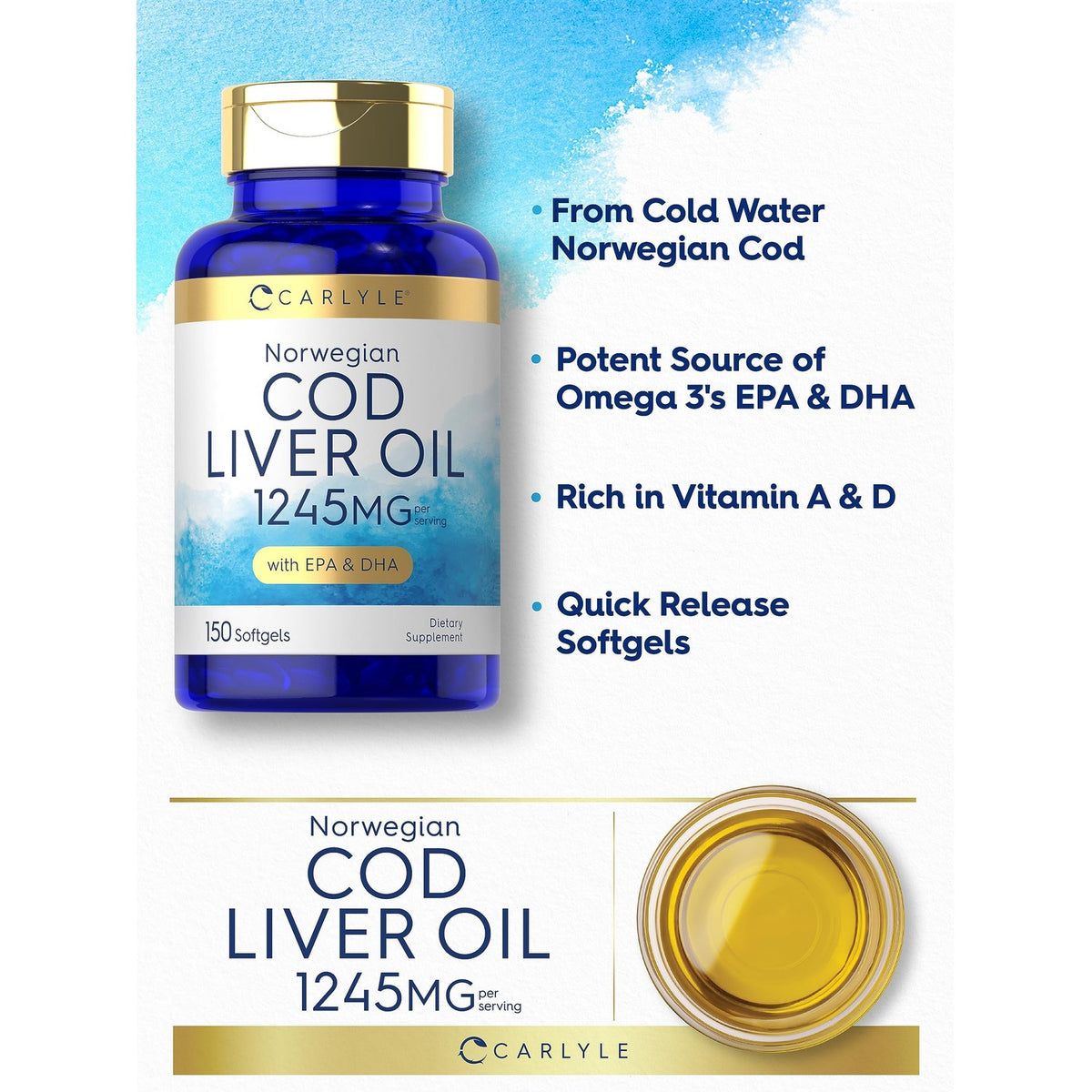 Carlyle Norwegian Cod Liver Oil | with EPA & DHA | 1245mg | 150 Softgels