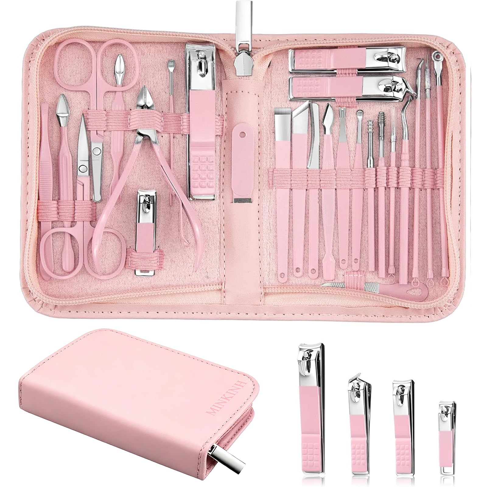 MINKINH Manicure Set Professional Nail Clipper Kit-26 Pieces, Brown | Stainless Steel Manicure Kit, Nail Care Tools with Travel Case for Men & Women, Hand & Foot Care, Gift for Family & Friends