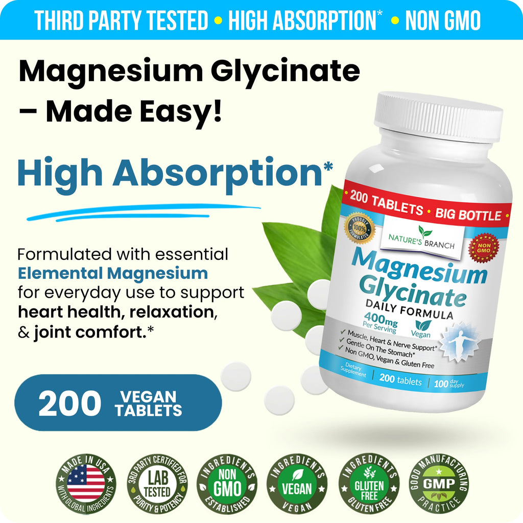 Magnesium Glycinate 400mg | 200 Tablets – High Absorption for Sleep & Heart | Mag Supplements for Cramps, Muscle & Calm – Non Buffered Bisglycinate, Extra Strength for Men and Women, Tablets Not Capsules