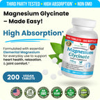 Magnesium Glycinate 400mg | 200 Tablets – High Absorption for Sleep & Heart | Mag Supplements for Cramps, Muscle & Calm – Non Buffered Bisglycinate, Extra Strength for Men and Women, Tablets Not Capsules