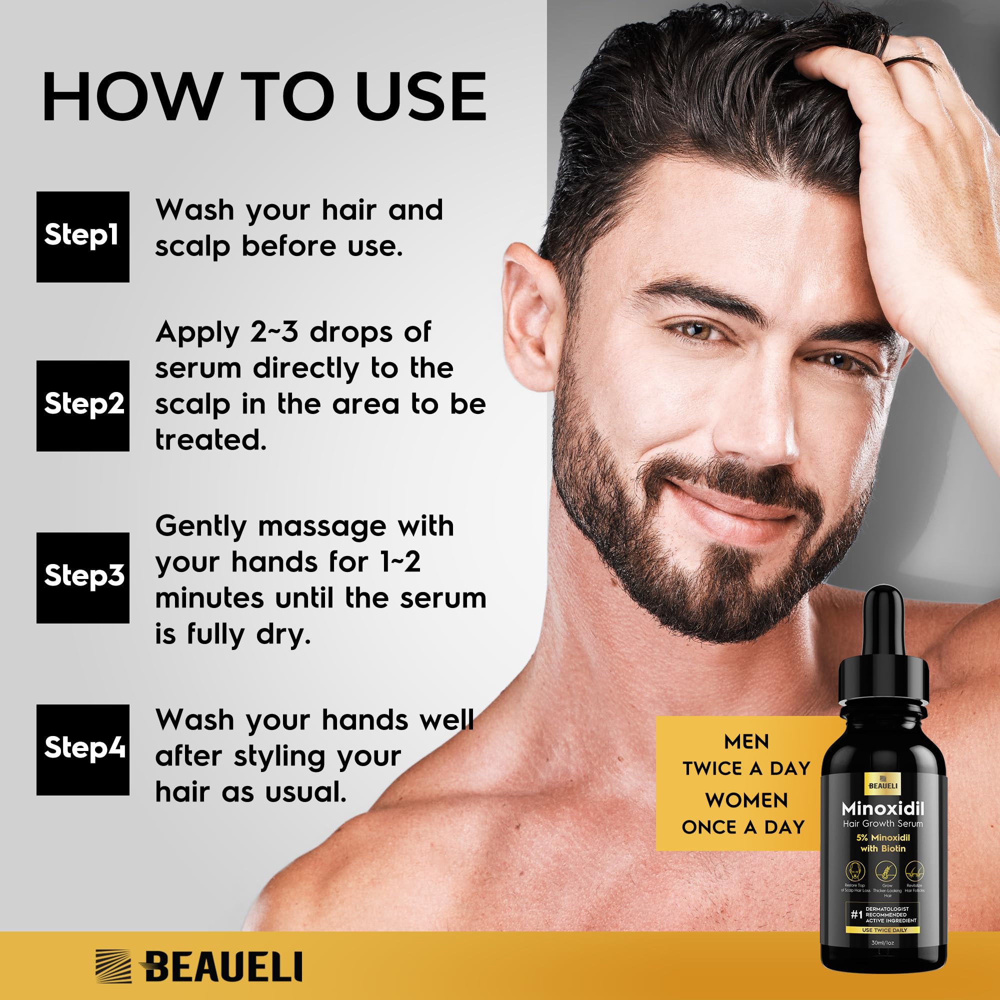 Beaueli 5% Minoxidil for Men and Women, Hair Growth, Beard Growth, Hair Regrowth, Unscented Drop, 3 Fl Oz, 3 Bottles | Minoxidil Hair Growth Oil for Men & Women, 5% Minoxidil Serum Hair Regrowth Treatment with Biotin for Thicker, Fuller Hair