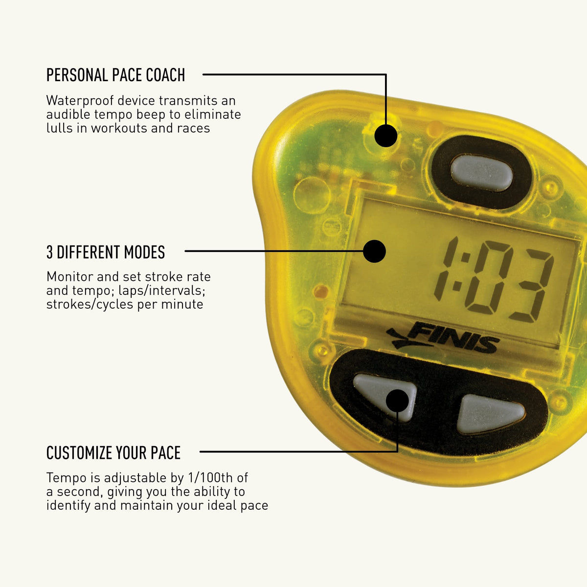 FINIS Tempo Trainer Pro - Waterproof Audible Swim Metronome - Adjustable Stroke Tempo - 3 Training Modes, Yellow/Black