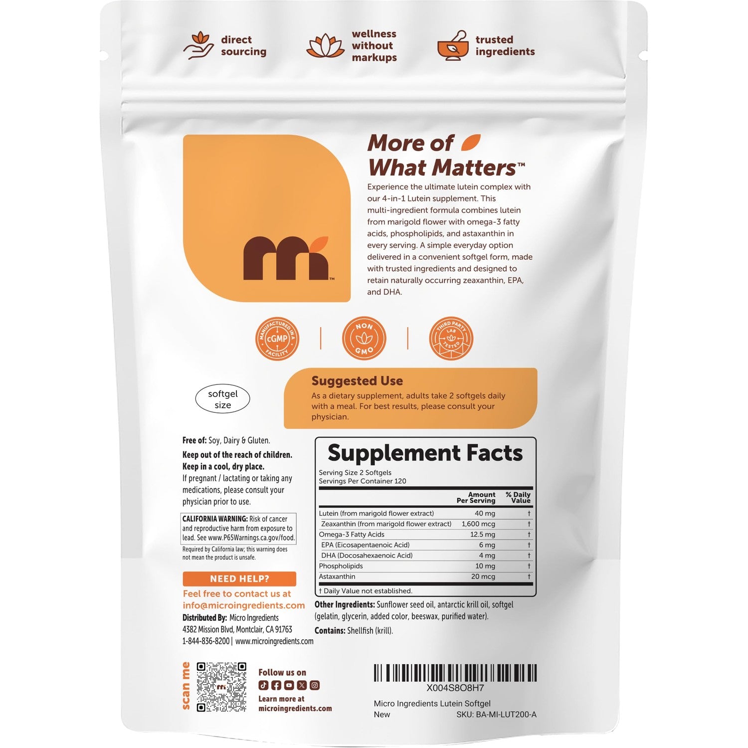 Micro Ingredients Lutein Zeaxanthin 40mg Per Serving | Omega-3 DHA + EPA | 4-in-1 Lutein Complex with Astaxanthin & Phospholipids | From Marigold Flower Extract | 240 Softgels
