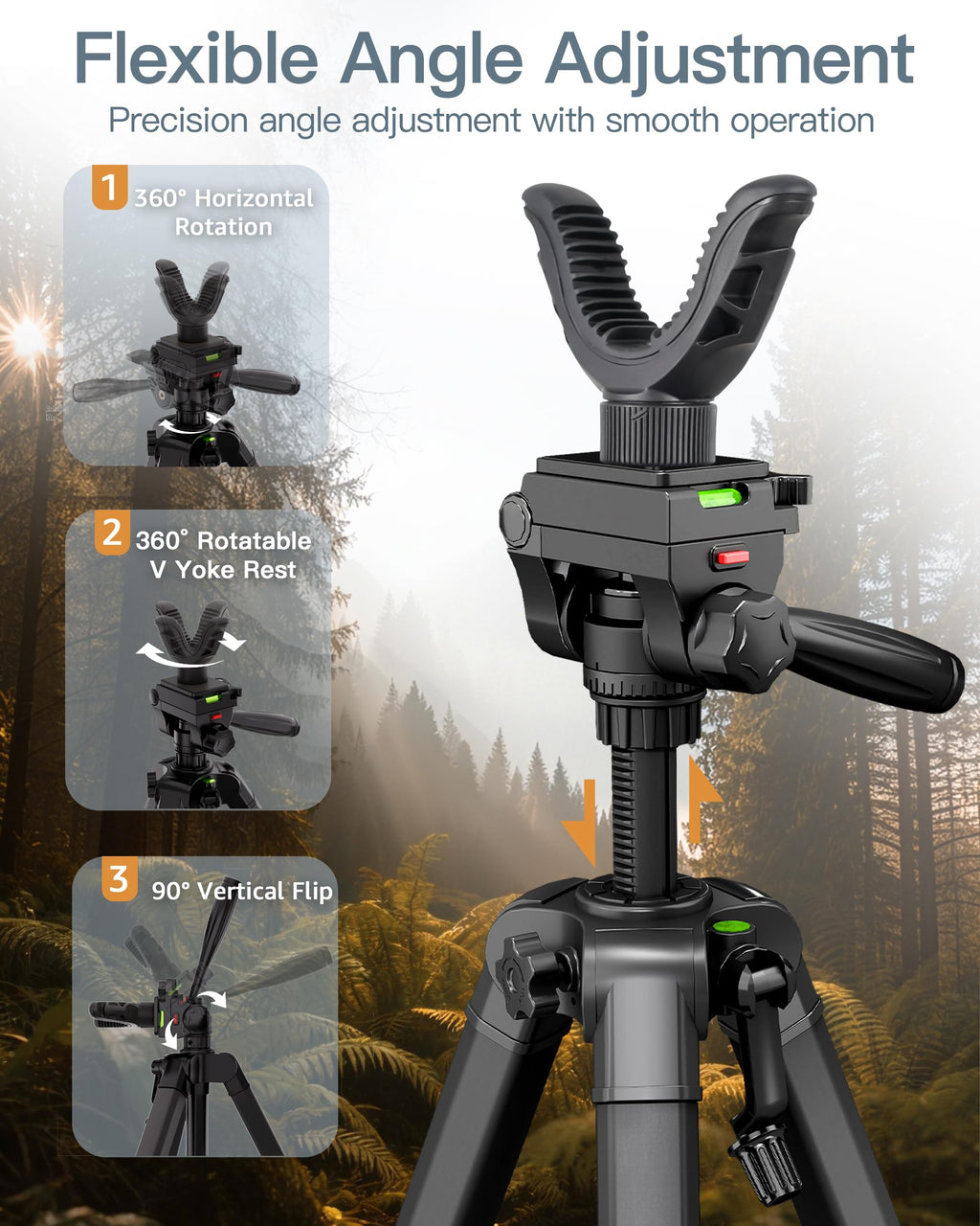 74" Adjustable Rifle Tripod Stand, Aluminum Shooting Tripod with V Yoke Gun Rest, Ground Spikes and 2 Camo Straps for Outdoor Shooting, Target Practice and Field Use