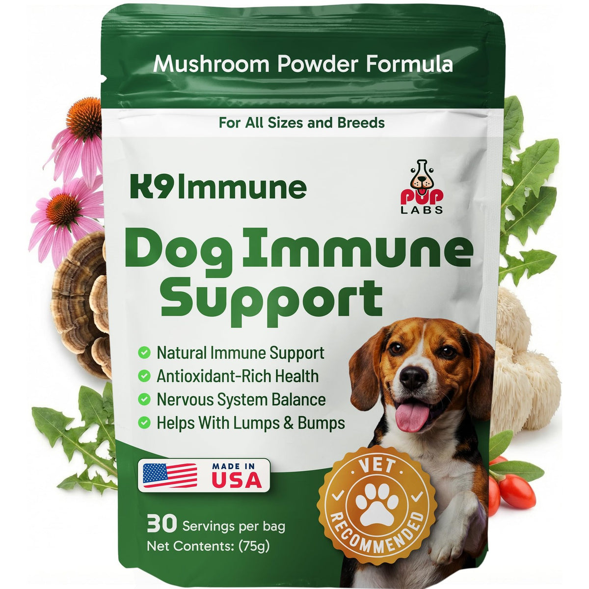 K9 Immune, All-Natural Mushroom Powder for Dogs for Immunity, Digestion, Joints, & Energy, Antioxidant-Rich & USA-Made, Dog Immune Support with Turkey Tail Mushroom for Dogs, 30 Servings
