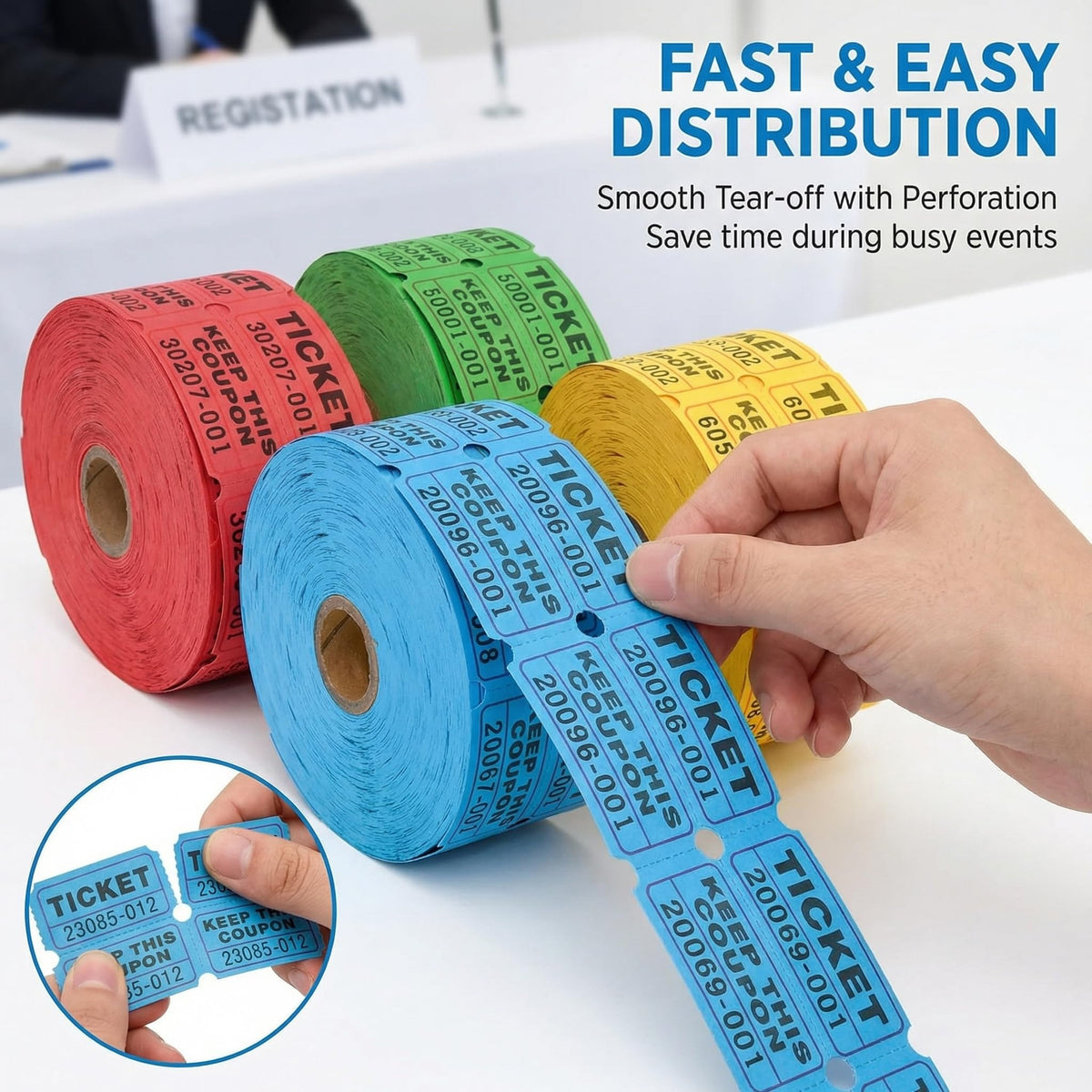 XXINMOH 4000 Pairs Double Raffle Tickets – 4 Assorted Colors (Pink, Blue, Red, Purple) – 1000 Pairs per Roll for Carnival, Fundraiser, Party, Event, Classroom, Lottery Drawing Prize Tickets for Raffle