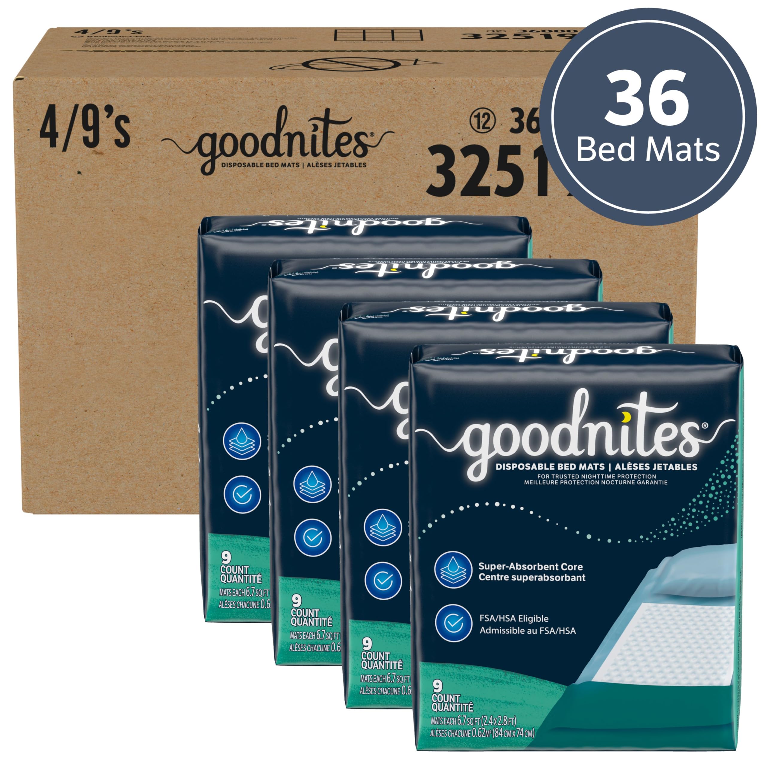 Buy now Goodnites Disposable Bed Pads/Bed Mats for Bedwetting, 2.4 x 2.8 ft, 36 Ct (4 Packs of 9) at indiglob india