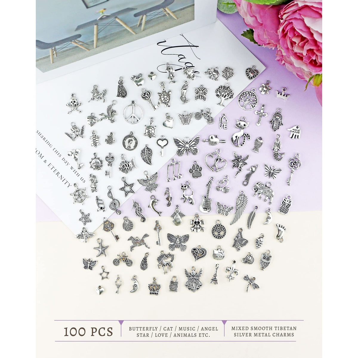 JIALEEY Wholesale Bulk Lots Jewelry Making Silver Charms Mixed Smooth Tibetan Silver Metal Charms Pendants DIY for Necklace Bracelet Jewelry Making and Crafting, 100 PCS