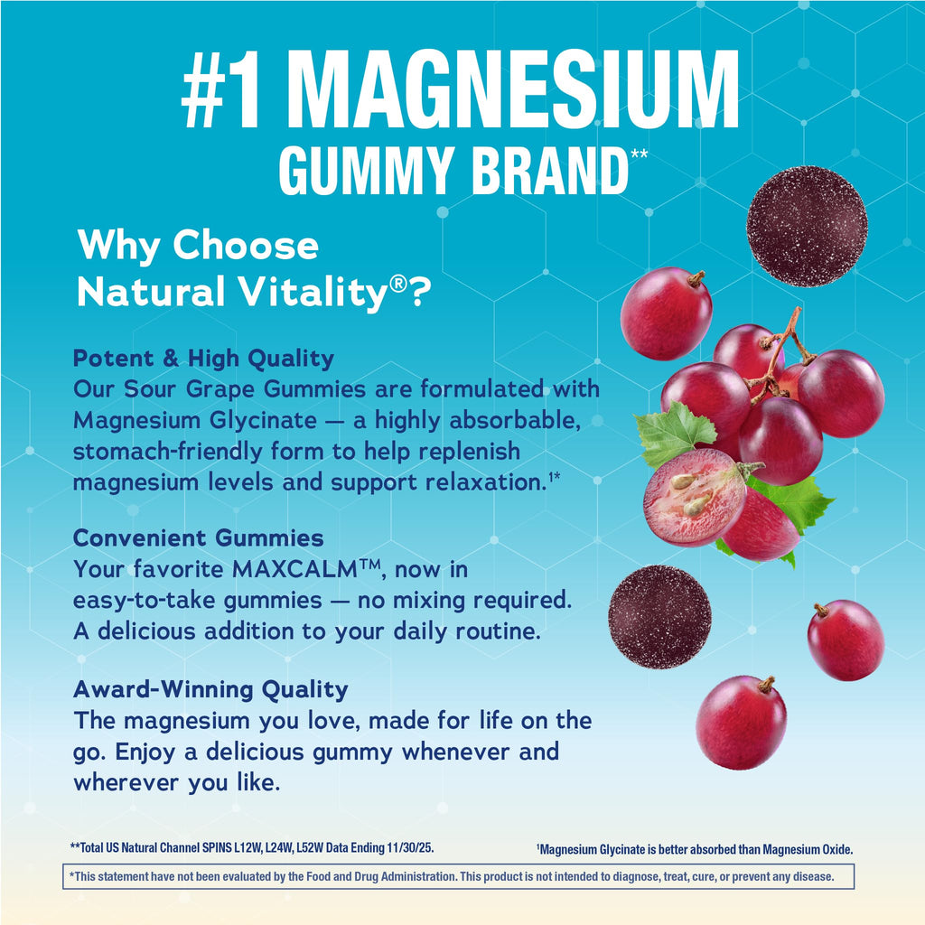 Natural Vitality Calm Magnesium Glycinate Gummies | Soup Grape Flavor | Non-GMO, Vegan & Gluten Free Supplement | 50 Count