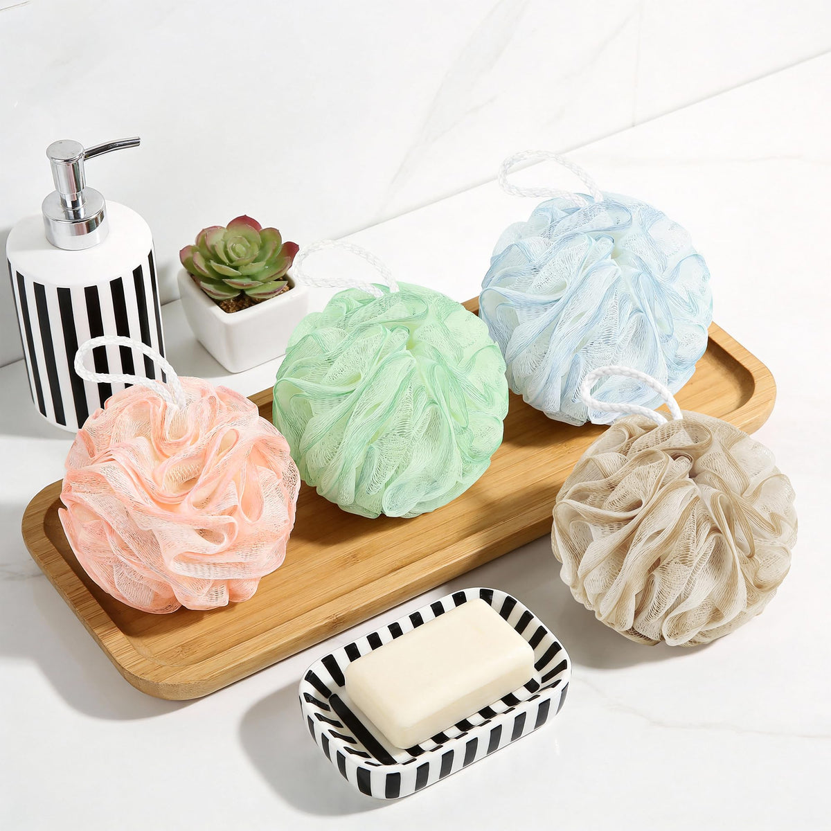 Yolaist Loofah Sponge 4 Pack, Exfoliating Body Scrubber for Shower, Soft Bath Sponges with Hanging Loop, 60G Gentle Loofah for Women Men (Pastel Colors)