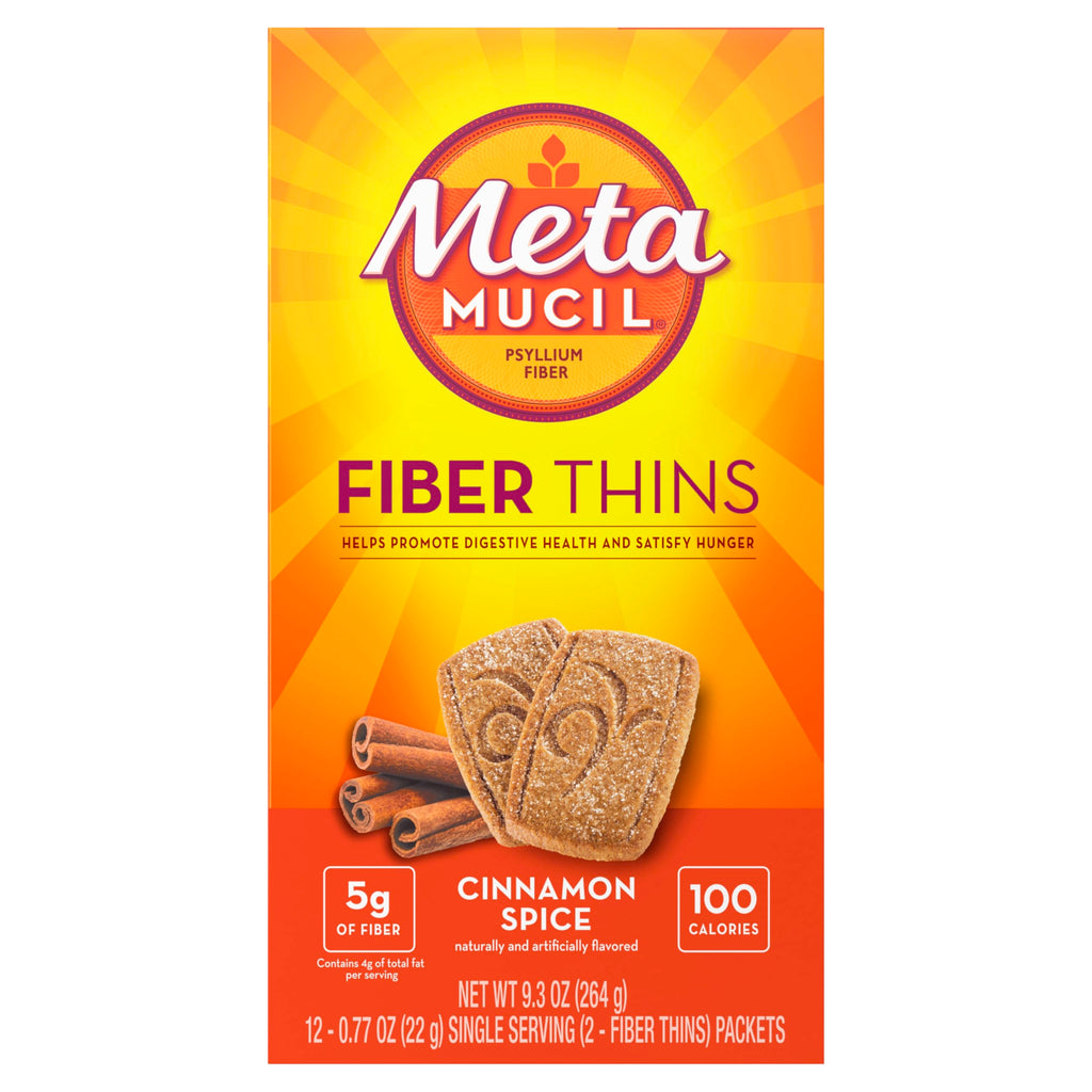Metamucil Fiber Thins, Daily Fiber Supplement Snack, Psyllium Husk Powder, 5g Fiber per Serving, Supports Digestive Health and Satisfies Hunger, Cinnamon Spice Flavor, pack of 4, 12 Servings each