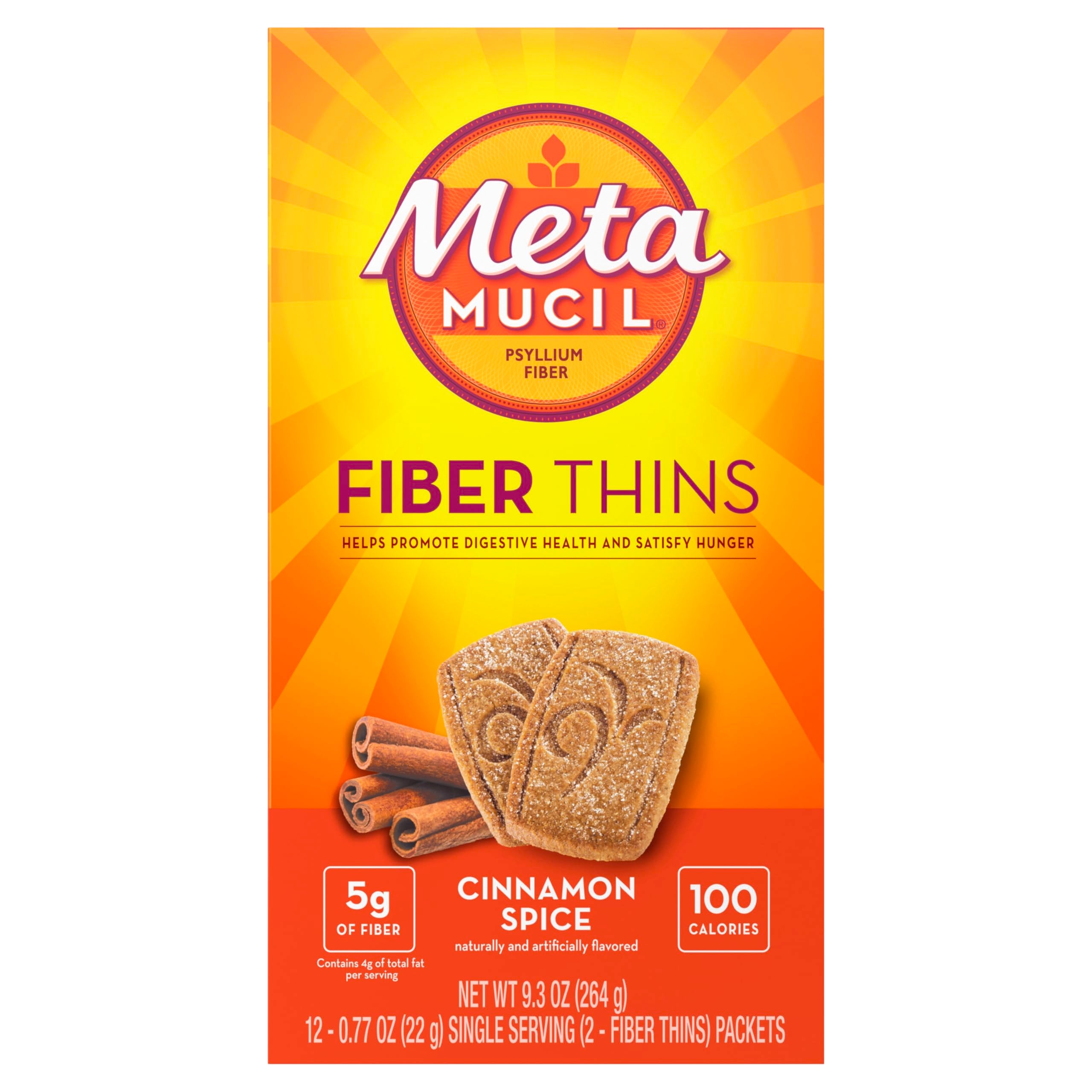Metamucil Fiber Thins, Daily Fiber Supplement Snack, Psyllium Husk Powder, 5g Fiber per Serving, Supports Digestive Health and Satisfies Hunger, Cinnamon Spice Flavor, pack of 4, 12 Servings each