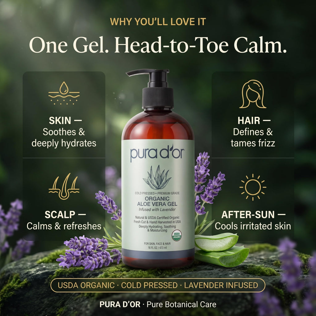 PURA D'OR ORGANIC Aloe Vera Gel Soothing Moisturizer, Lavender, 16oz | Fast-Absorbing, After-Sun Care, USDA Certified, Hydrating, Non-Sticky, Zero Artificial Preservatives, Vegan, Face, Hair, Body