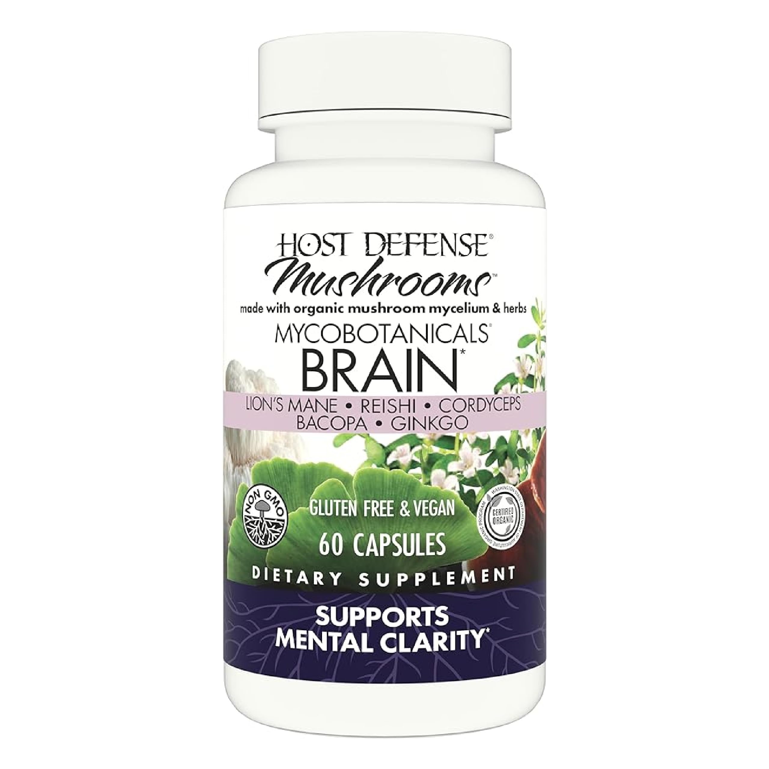 Host Defense MycoBotanicals Brain Support, 60 Capsules | Brain Support, Lion's Mane, Reishi and Cordyceps Mushroom, Herbal Supplement for Mental Clarity, Memory, and Focus Support