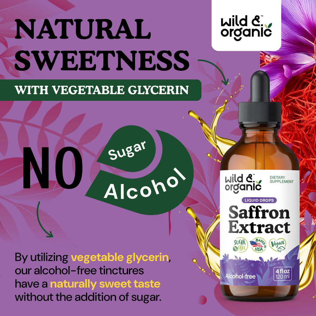 Wild & Organic Saffron Supplements 88.5 mg - Mood, Focus, Eye Support - 4oz | Saffron Extract Liquid Drops - Add to Tea - 5-Month Supply - Crocus Sativus Herb - Vegan, No Sugar & Alcohol-Free Tincture