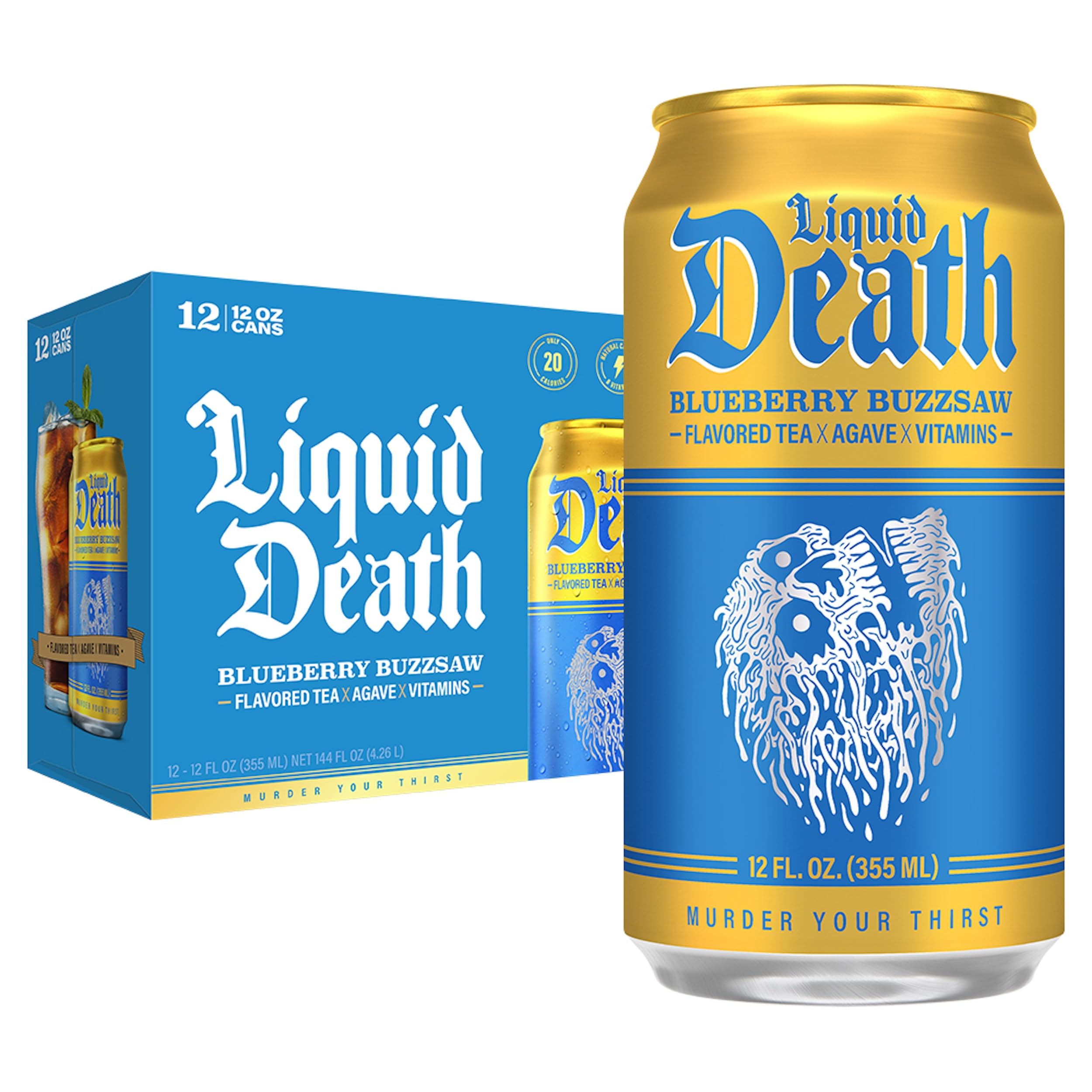 Buy now Liquid Death Iced Tea - Blueberry Buzzsaw (Blueberry-Flavored Black Tea), Less Sugar*, Boost of Caffeine, B Vitamins, No Artificial Sweeteners, 12 Fl Oz (Pack of 12) at indiglob india