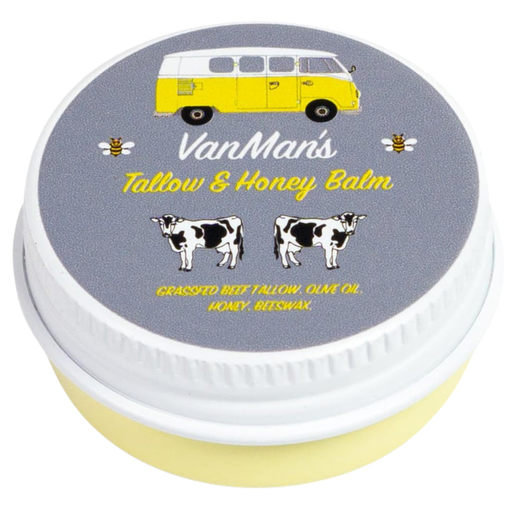 VanMan's Tallow and Honey Balm in a vibrant tin, featuring cheerful graphics and natural ingredients for smooth skin.