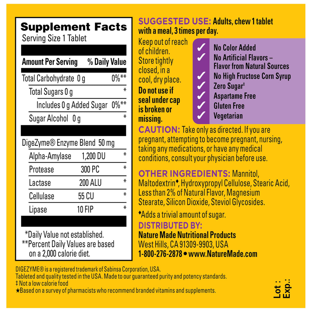 Nature Made Digestive Enzymes 5-in-1 Blend, 90 Chewable Tablets | Digestive Health Support, Helps with Occasional Bloating and Abdominal Discomfort, Peppermint Flavor, 30 Day Supply