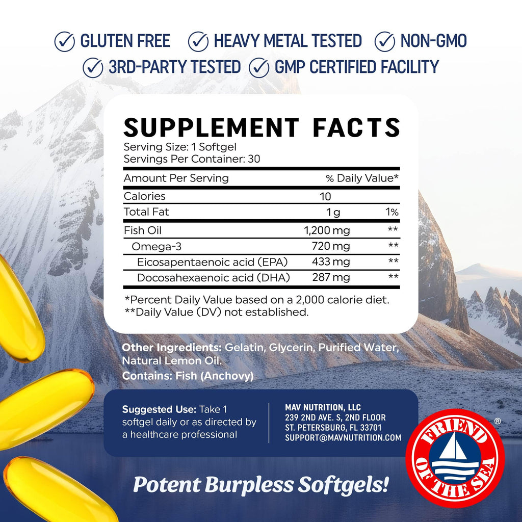 Triple Strength Omega 3 Fish Oil 1200 mg, EPA & DHA, Premium Wild Caught | Sustainably-Sourced Omega-3 Fatty Acids, Burpless Fish Oil Supplements, Clean Label Certified, 3rd-Party Tested, 30 Softgels