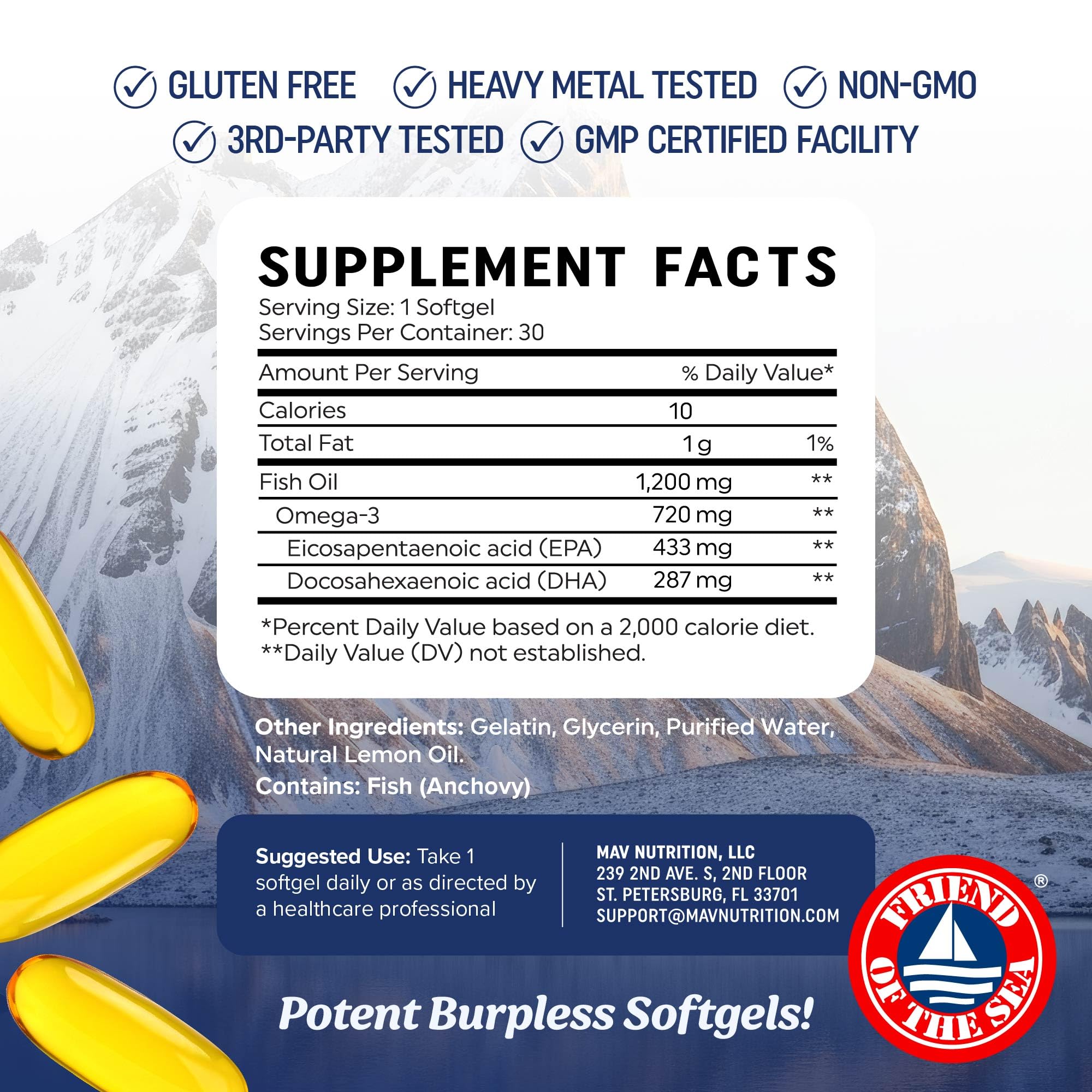 Triple Strength Omega 3 Fish Oil 1200 mg, EPA & DHA, Premium Wild Caught | Sustainably-Sourced Omega-3 Fatty Acids, Burpless Fish Oil Supplements, Clean Label Certified, 3rd-Party Tested, 30 Softgels