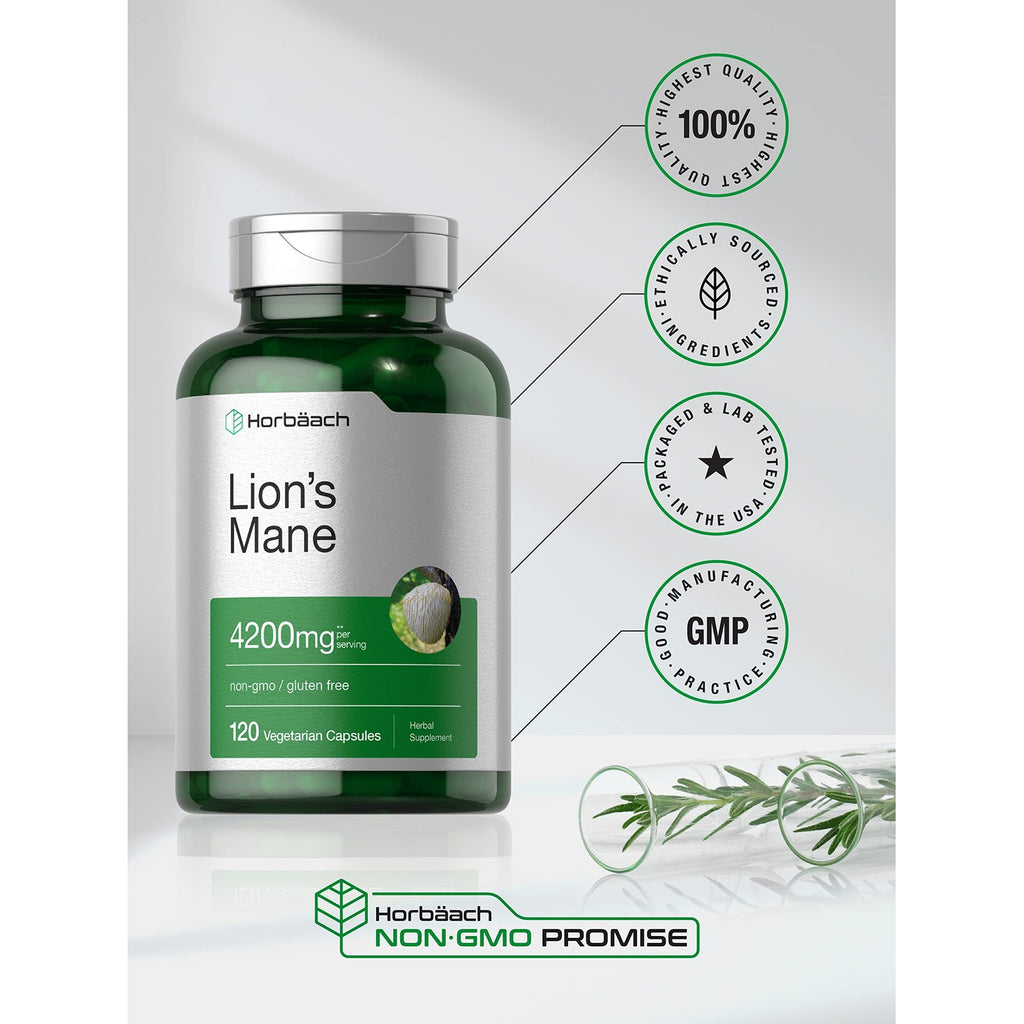 Horbäach Lions Mane Mushroom Extract | 120 Capsules | Vegetarian, Non-GMO, Gluten Free Supplement