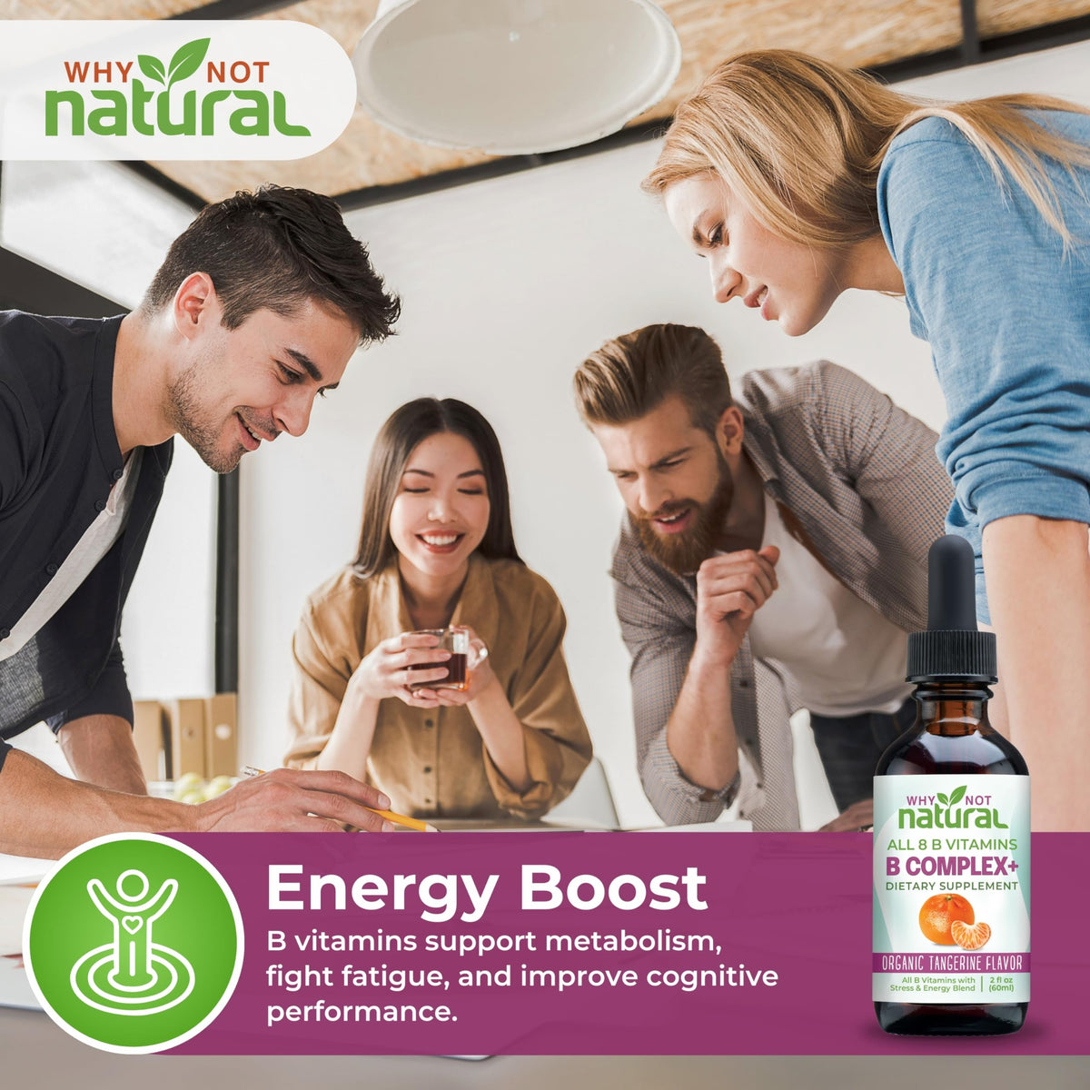 Why Not Natural Vitamin B Complex Liquid Drops - Supplement for Women - Vegan and Sublingual Forms of B1 B2 B3 B5 B6 Biotin Folate and Choline - Plus Blend for Energy Support