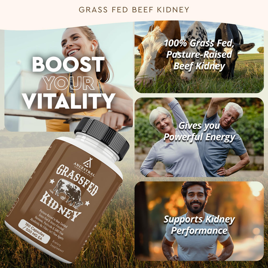 Ancestral Supplements Grass Fed Beef Kidney Supplement, 3000mg, 180 Ct | DAO enzyme-rich formula for kidney support and kidney health, promoting urinary & histamine balance with B12.