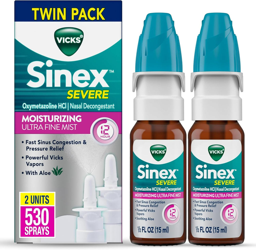 Buy now Vicks Sinex Severe Nasal Spray, Moisturizing Ultra Fine Mist with Aloe, Decongestant Medicine, Relief from Stuffy Nose Due to Cold or Allergy, Nasal Congestion & Sinus Pressure Relief, 265 Sprays x 2 Default at indiglob india