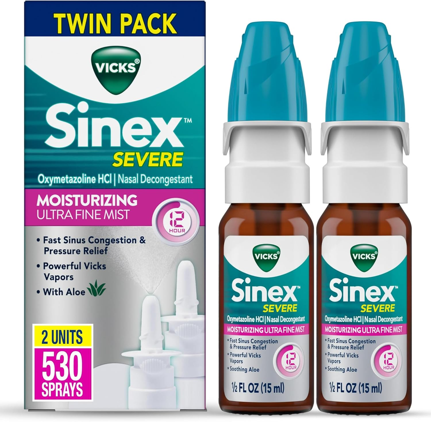 Buy now Vicks Sinex Severe Nasal Spray, Moisturizing Ultra Fine Mist with Aloe, Decongestant Medicine, Relief from Stuffy Nose Due to Cold or Allergy, Nasal Congestion & Sinus Pressure Relief, 265 Sprays x 2 at indiglob india