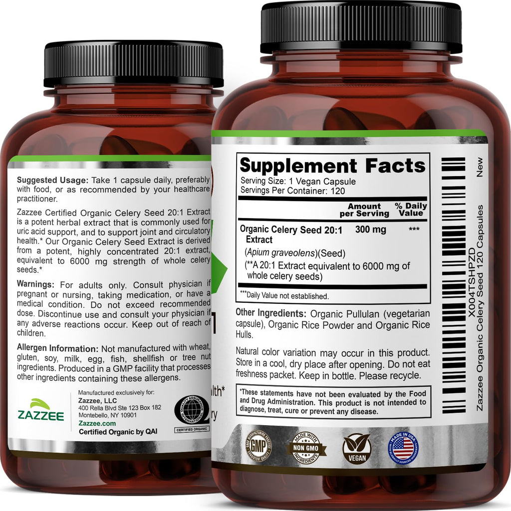 Zazzee USDA Organic Celery Seed 20:1 Extract, 120 Capsules, 4 Month Supply