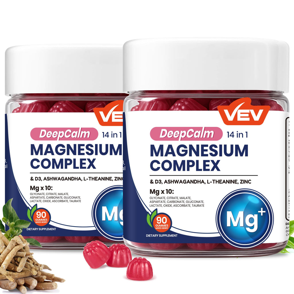 VEV Deep Calm Magnesium Complex 14-in-1 Glycinate Gummies for Women and Men | Sleep, with D3, Ashwagandha, L-theanine, Zinc – No Added Sugar Vegan Gummies –90 Count (Pack of 1)