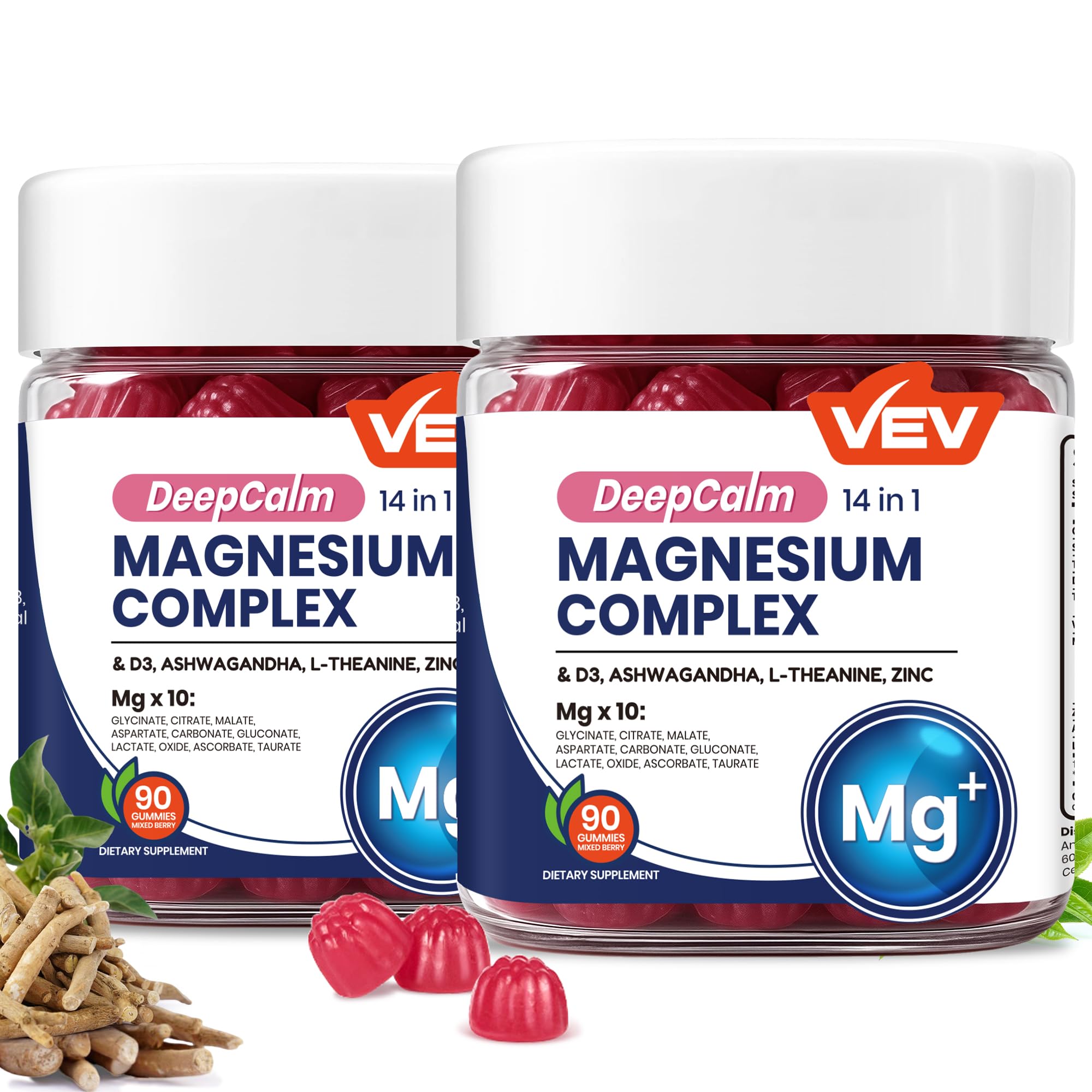 VEV Deep Calm Magnesium Complex 14-in-1 Glycinate Gummies for Women and Men | Sleep, with D3, Ashwagandha, L-theanine, Zinc – No Added Sugar Vegan Gummies –90 Count (Pack of 1)
