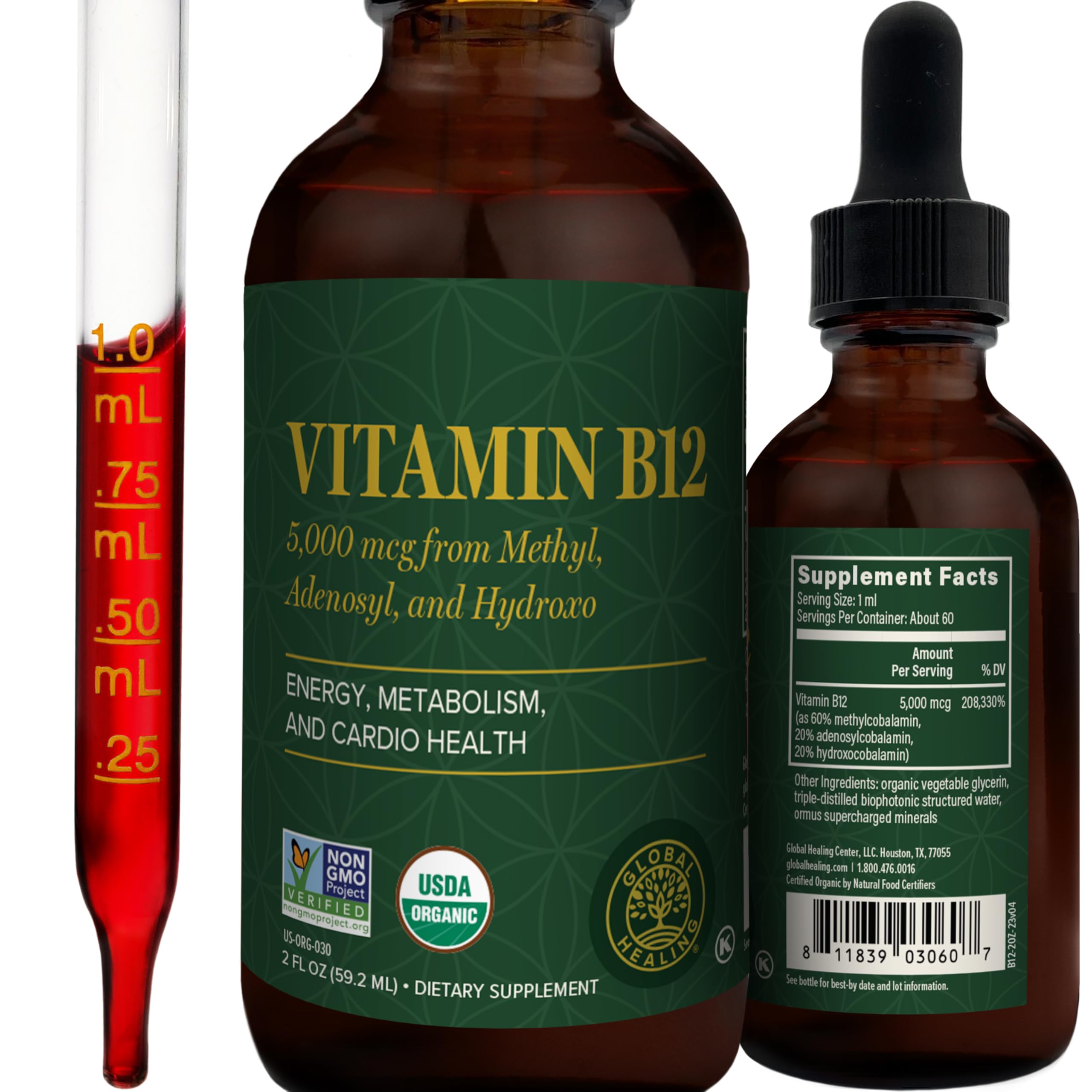 Vitamin B12 5000mcg Sublingual Liquid Drops, Methylcobalamin, Vegan (2 Oz) | Global Healing B12 Vitamins Sublingual Methylcobalamin Vitamina Para Mujer
