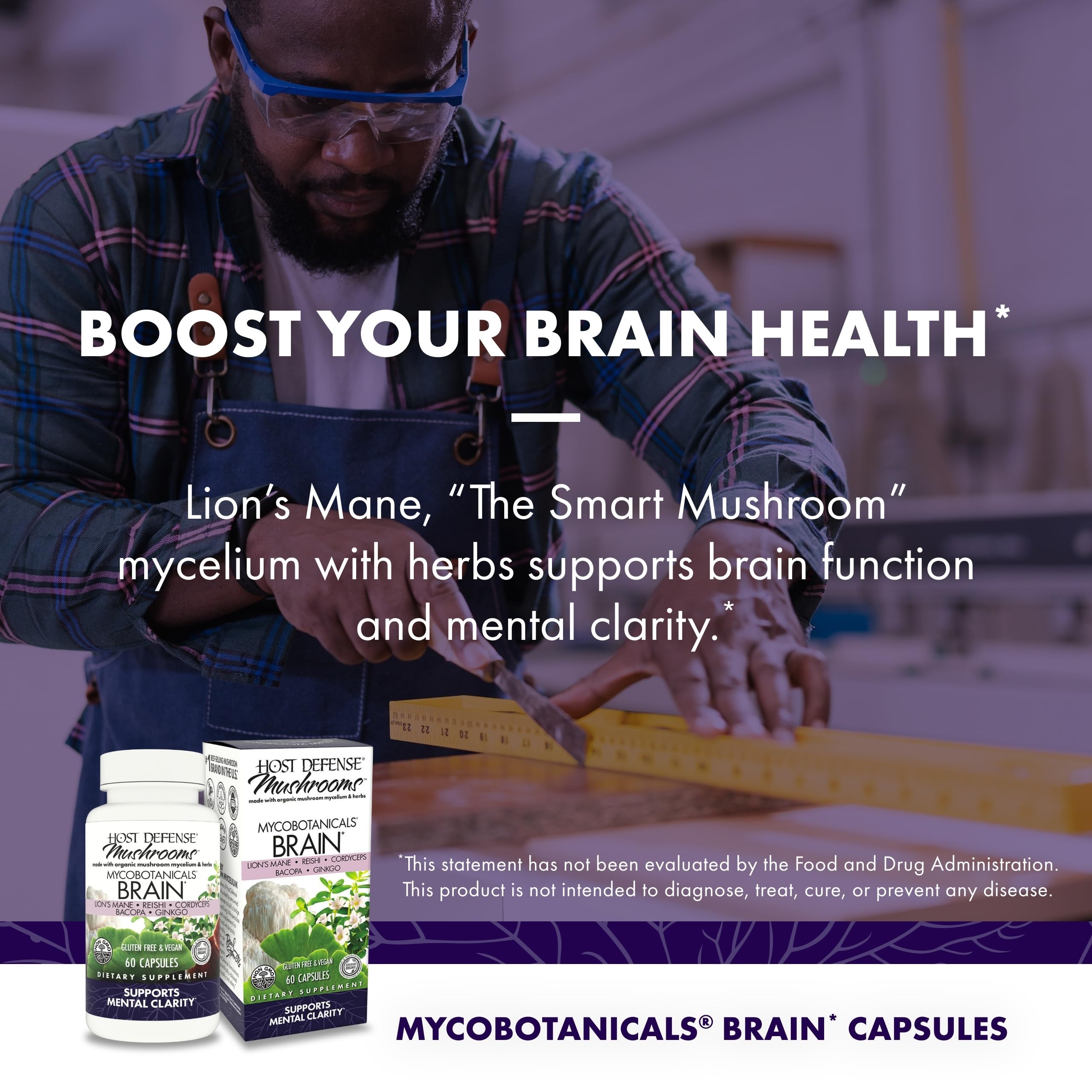 Host Defense MycoBotanicals Brain Support, 60 Capsules | Brain Support, Lion's Mane, Reishi and Cordyceps Mushroom, Herbal Supplement for Mental Clarity, Memory, and Focus Support