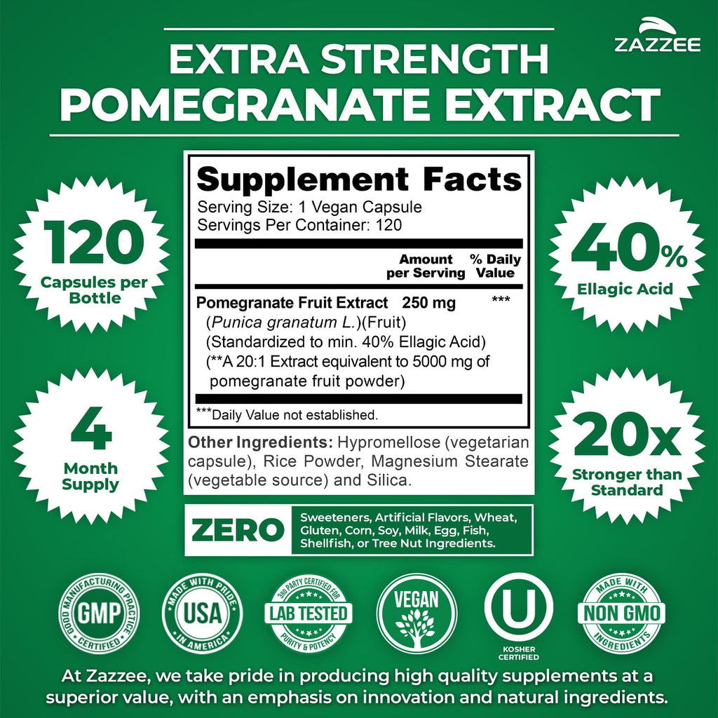 Zazzee Extra Strength Pomegranate 20:1 Extract, 120 Vegan Capsules | 40% Ellagic Acid, 4 Month Supply, Punica Granatum, Antioxidant & Cellular Health Support, Non-GMO, Made in the USA