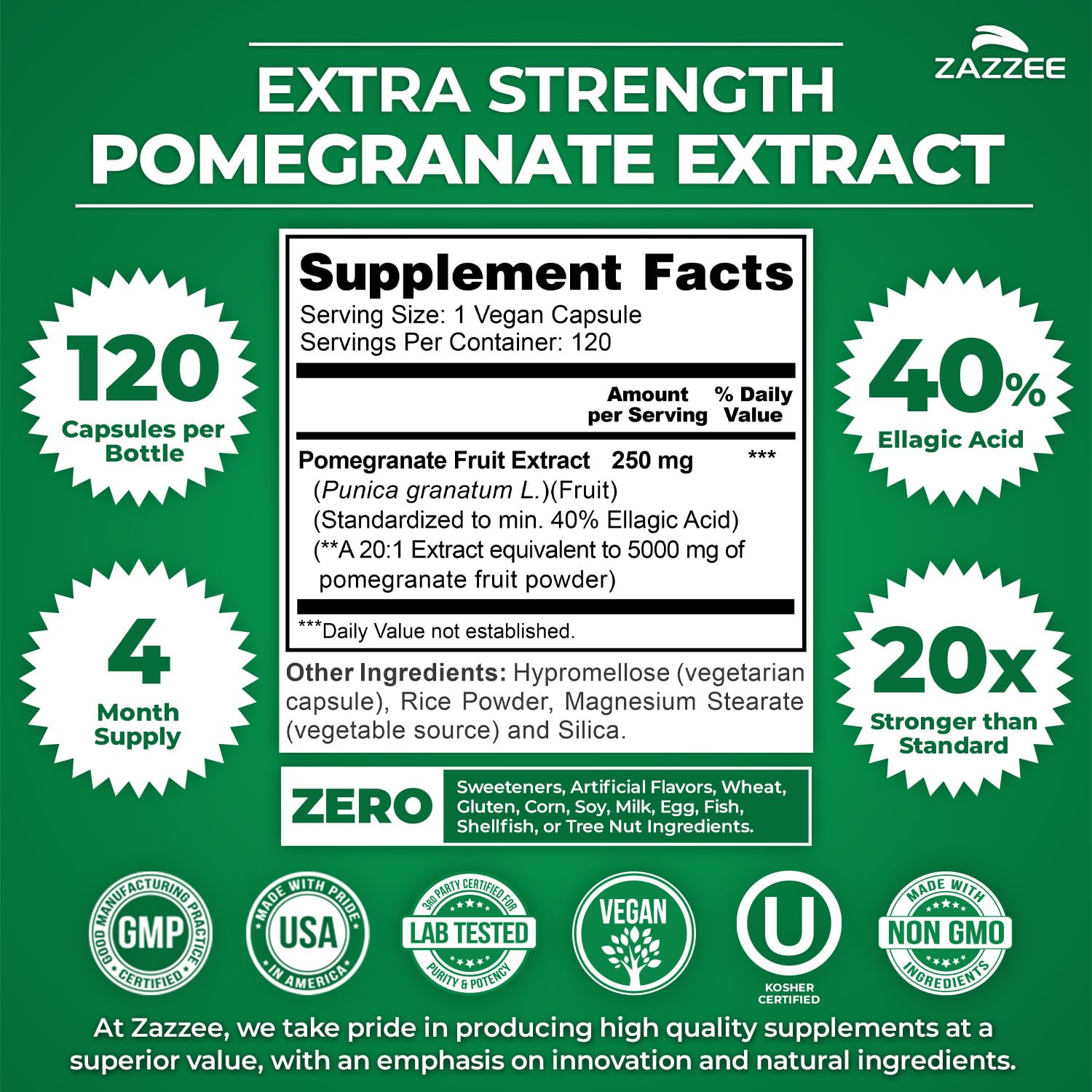 Zazzee Extra Strength Pomegranate 20:1 Extract, 120 Vegan Capsules | 40% Ellagic Acid, 4 Month Supply, Punica Granatum, Antioxidant & Cellular Health Support, Non-GMO, Made in the USA